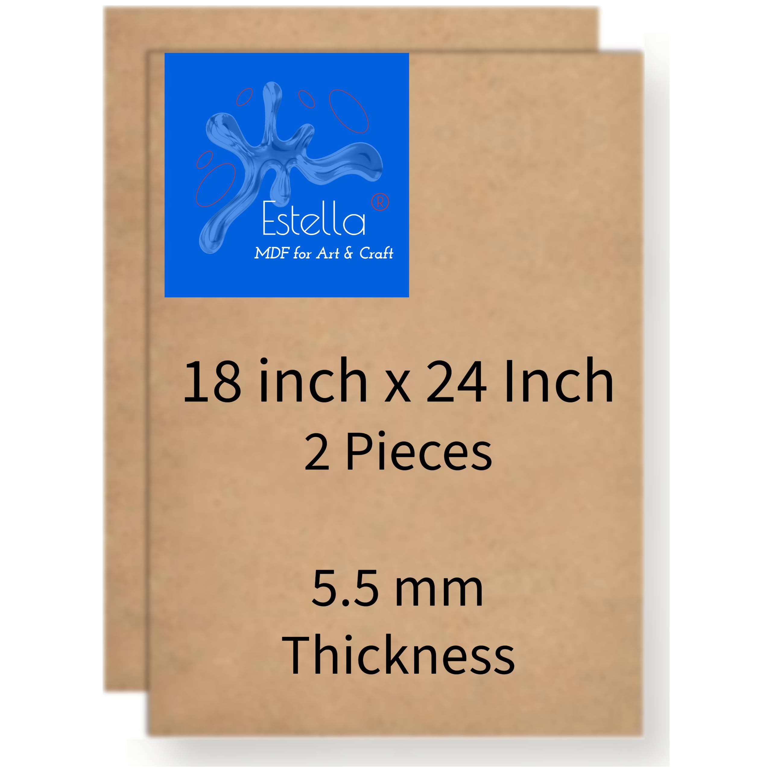 Estella® 18 x 24 Inches - 5.5 mm (2 Pieces) MDF Board - Rectangle MDF Boards for Lippan Art, Craft, Resin, Mandala, Painting, Wall Hanging Decoration (Approx 45 cm x 60 cm, 5.5 mm Thick, 2 Pieces)