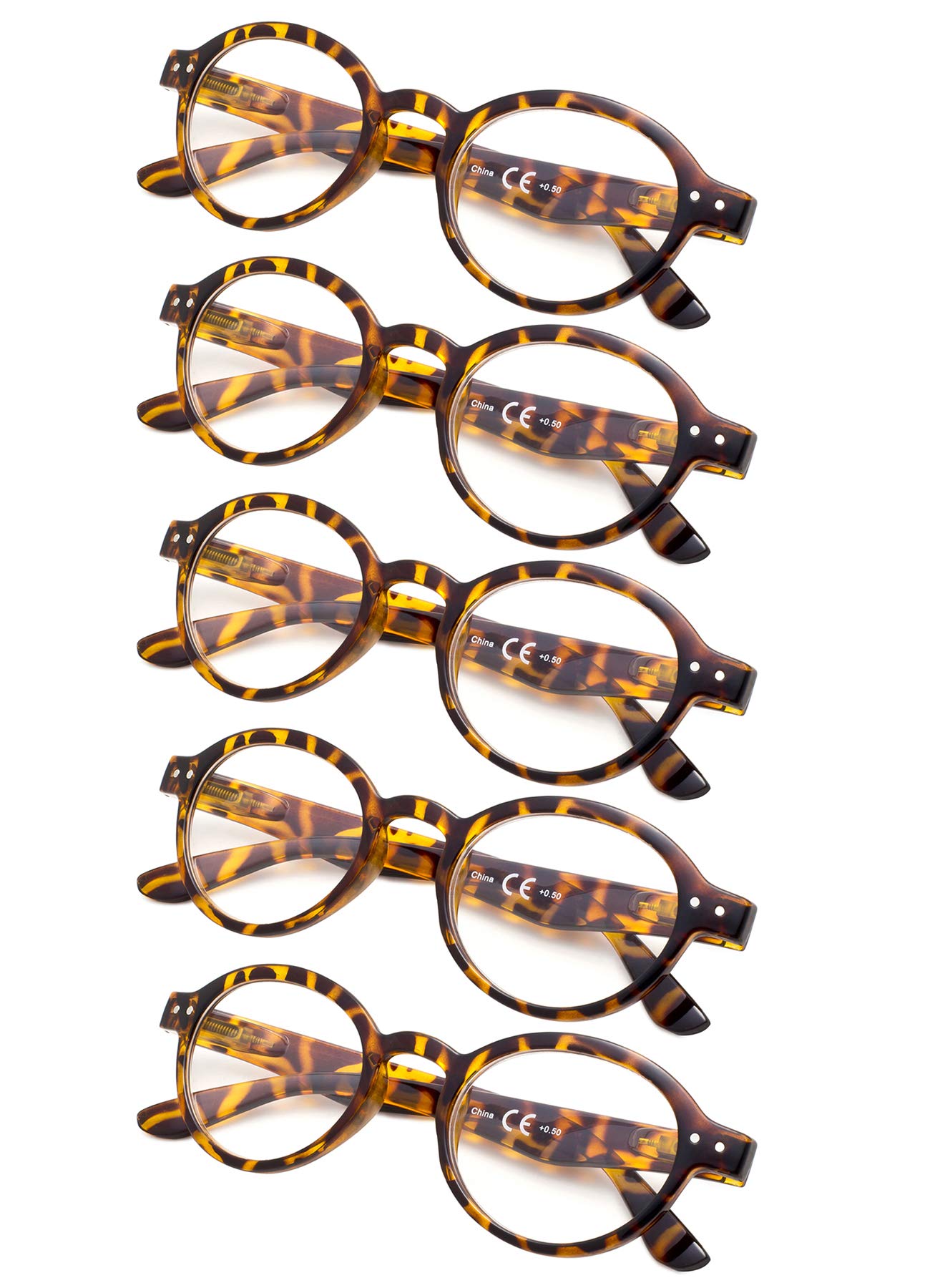 Gr8Sight5-Pack Round Retro Reading Glasses with Spring Hinges Include Sunshine Readers
