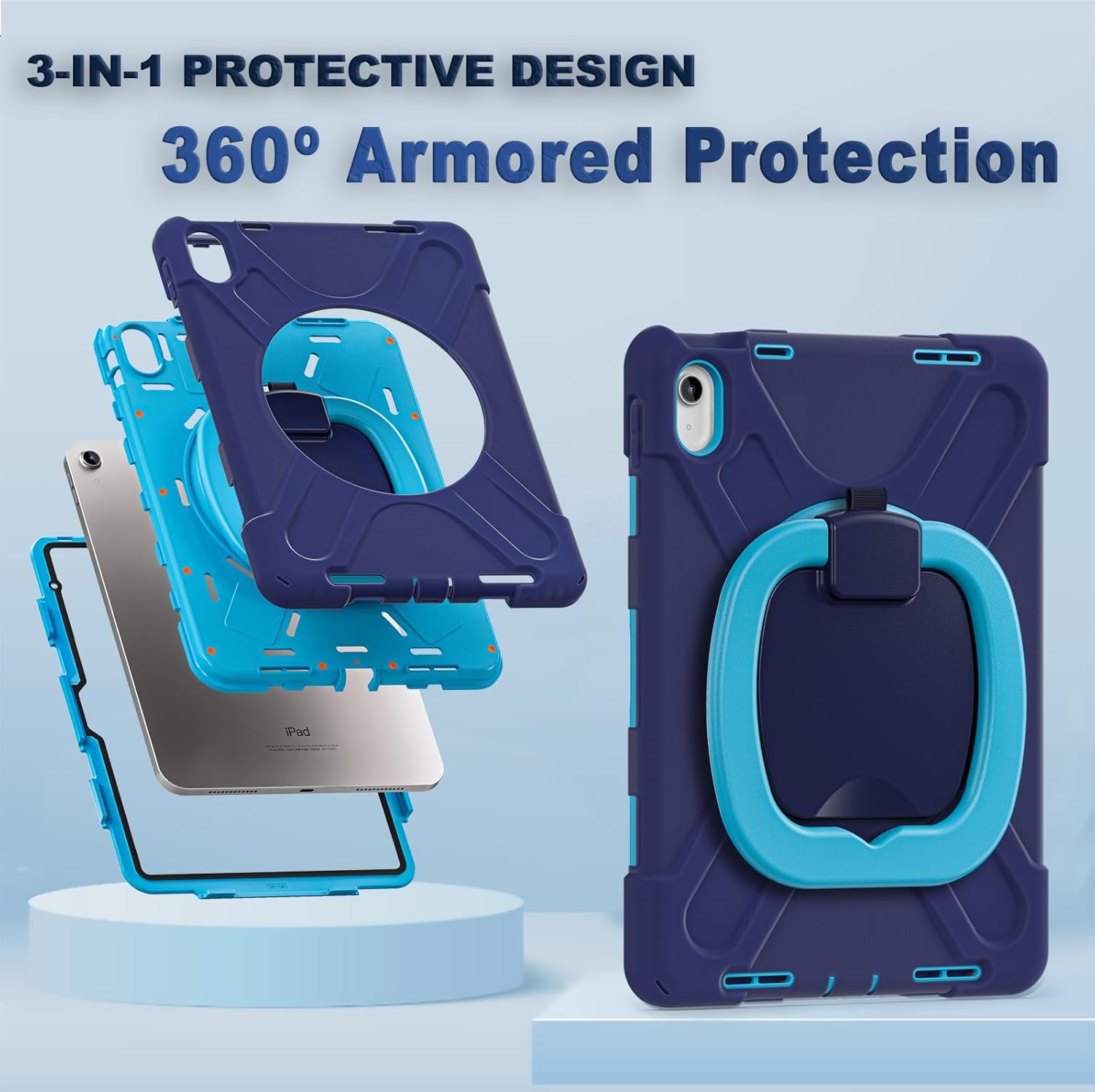 for iPad (A16) 11th/10th Generation Case 2025/2022 (11″/10.9″),Heavy Sturdy Shockproof Kids Case with Screen Protector,Rotating Stand/Pencil Holder/Shoulder Strap (Navy Blue+Blue) - Image 5