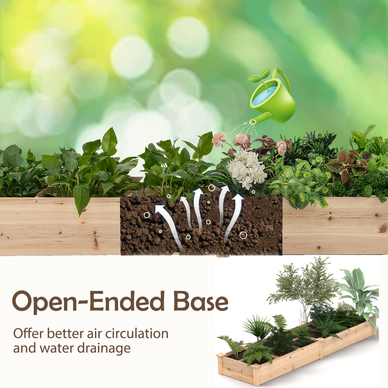 HOMASIS Carré Potager en Bois, Jardiniere Extérieur Grande Taille avec 2 Bacs à Fleurs, Séparateurs pour Fleurs, Légumes, Fruits, Herbes, Lit de Jardin 228 cm Intérieur pour Terrasse Balcon (Naturel)