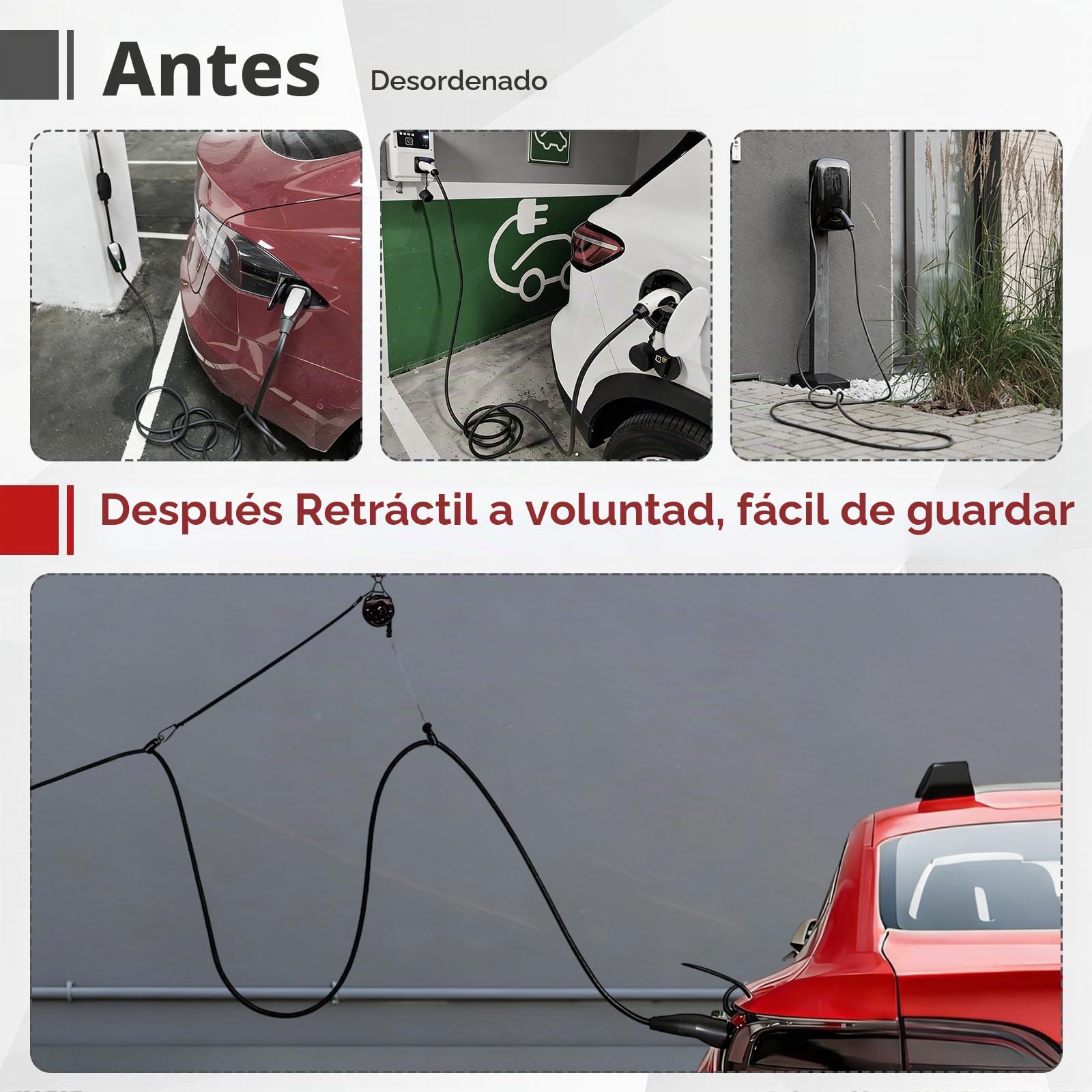 Sistema de suspensión automática para cable de carga de coche eléctrico – Soporte de carga inalámbrico para garaje, garaje o pared
