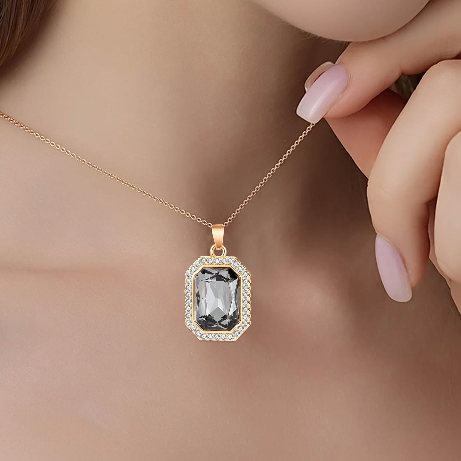 EVEVIC Austrian Crystal Halo Octagon Pendant Necklaces for Women Fashion 14K Gold Plated Dainty Necklace Hypoallergenic Jewelry - Image 2