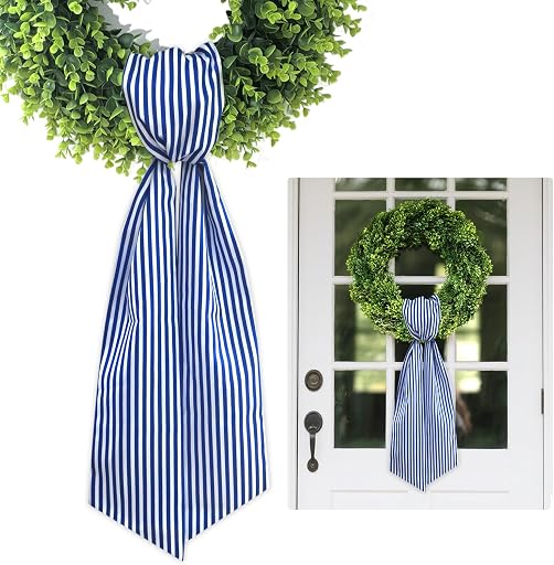 Wreath Sash for Front Door, 5.1'' x 59''(Blue and White Stripe) | Striped Sash for Wreath, Boxwood Wreath Accessories for Indoor Outdoor Decor