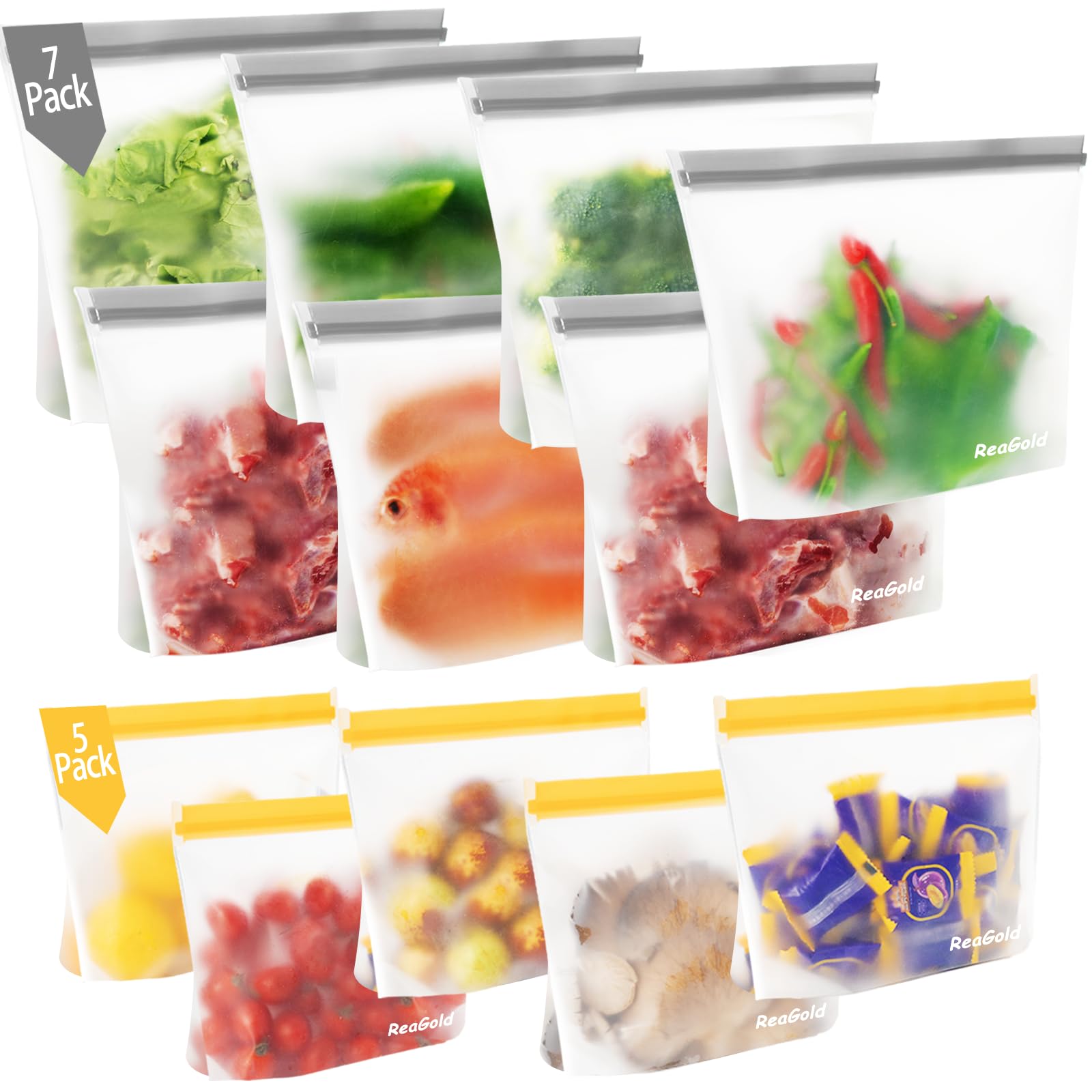 12 Stück Gefrierbeutel Wiederverwendbar mit Stehendes Boden-Design, ReaGold Silikonbeutel für Lebensmittel, Aufbewahrungsbeutel Sandwichbeutel Küche Beutel für Gemüse Milch Snacks Fleisch