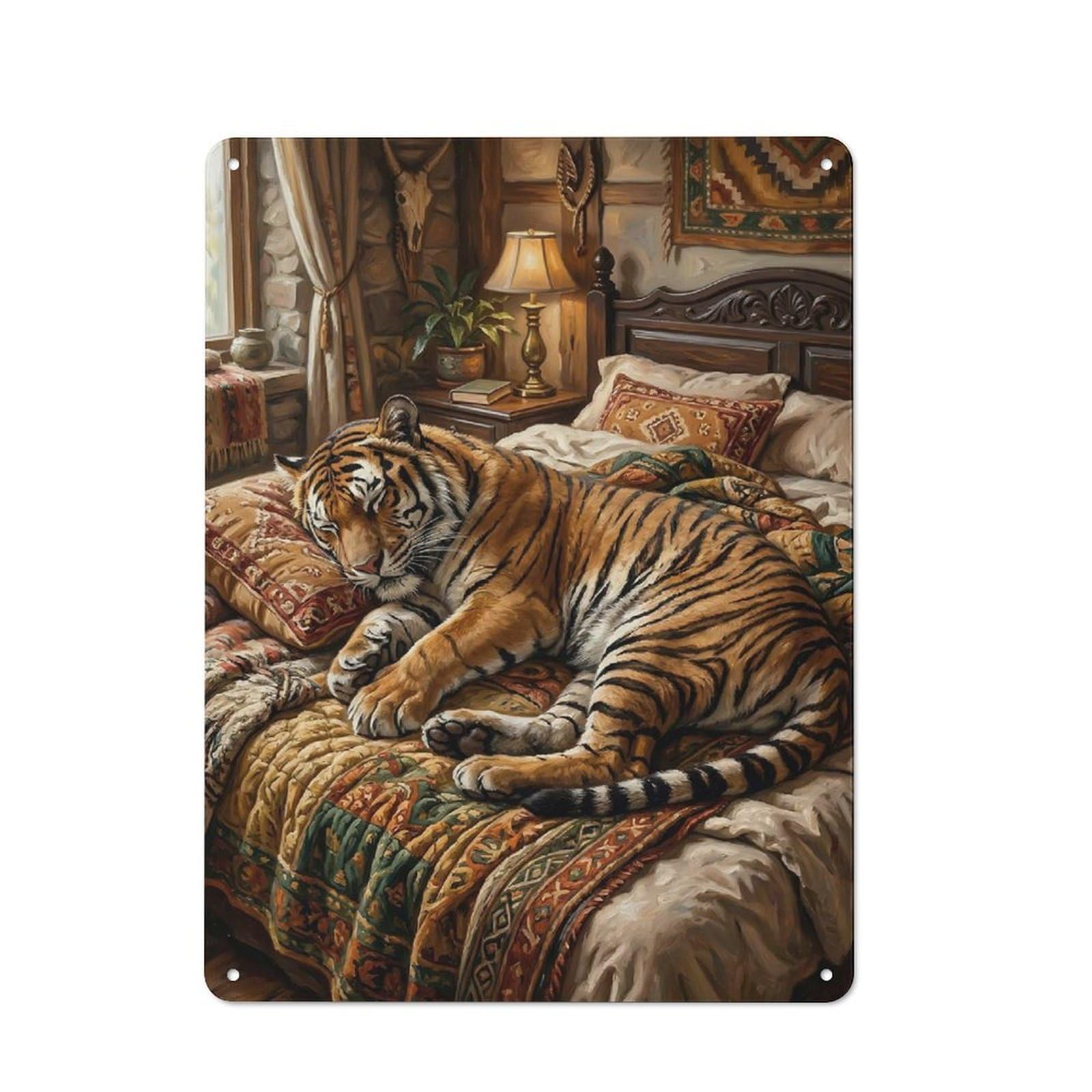 Tin Wall Plaque 40x30cm with Tiger Sleeping on A Bed for Home Office Or Studio, for Metal Sign Collectors, for Garage And Workshop Walls