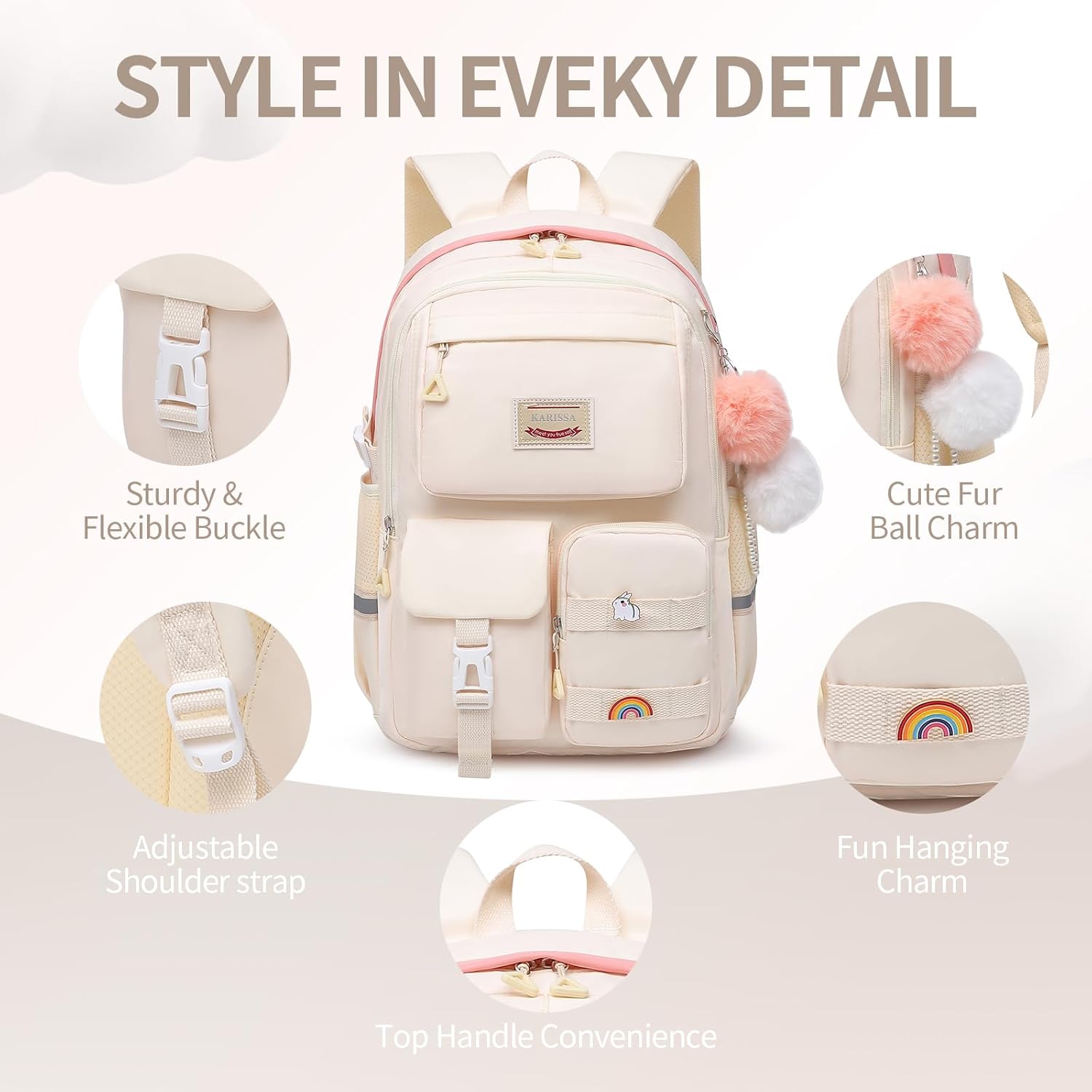 Girls Backpack Student Laptop Book Bag with Multiple Pockets for Teen Kids Elementary Middle School Travel Daypack Beige - Image 4