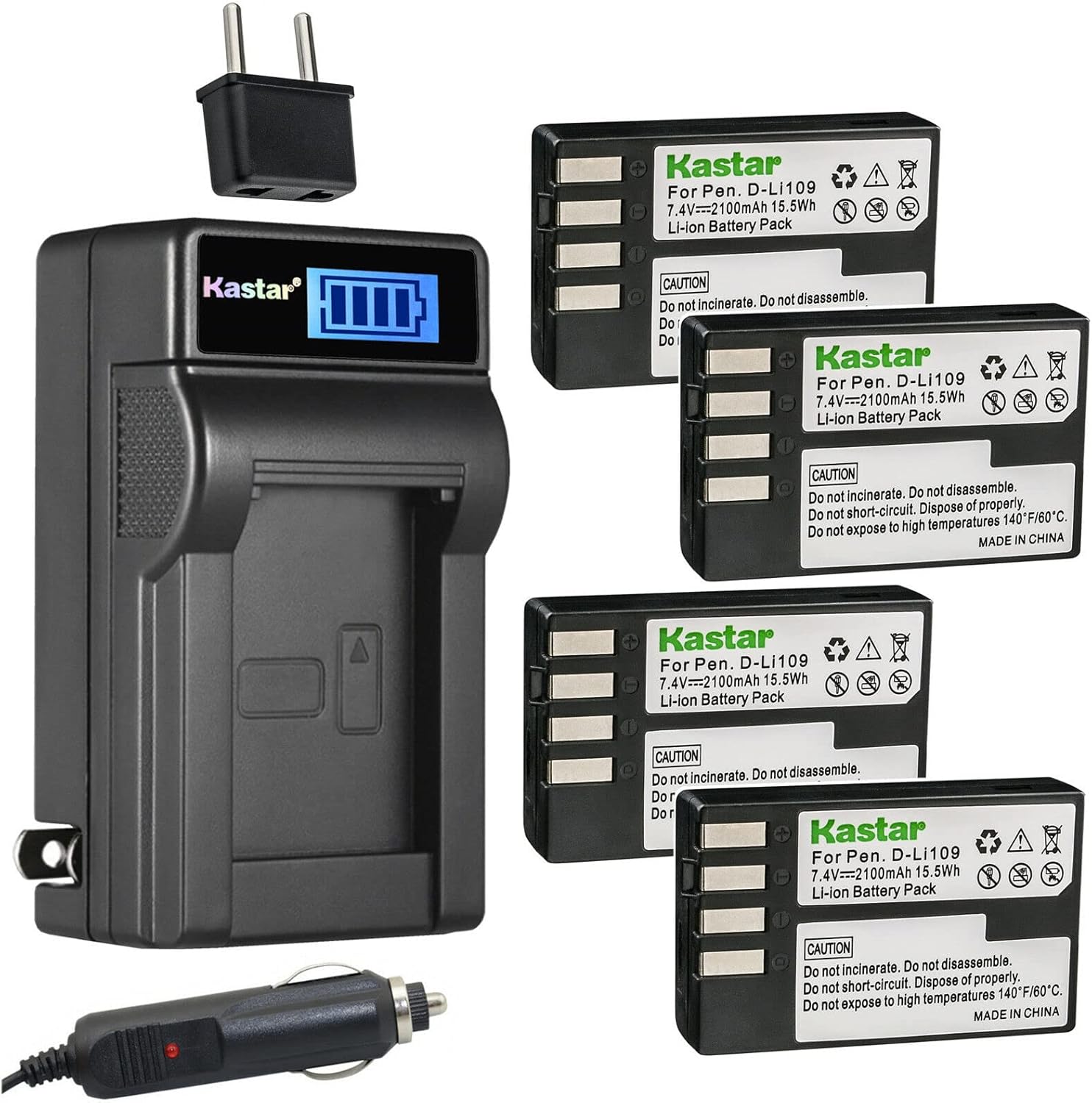 Kastar 4-Pack Battery and LCD AC Charger Compatible with Pentax D-Li109 DLi109 Battery, Pentax D-BC109 Charger, Pentax K-R K-30 K-50 K-70 K-500 K-S1 K-S2 KP KR K2 K30 K50 K70 K500 KS1 KS2 Camera
