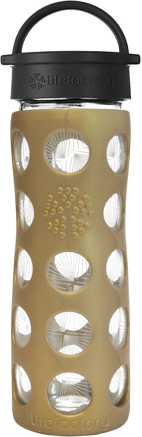 Lifefactory 16-Ounce BPA-Free Glass Ion Holiday Water Bottle with Leakproof Classic Cap and Silicone Sleeve, Golden Dew