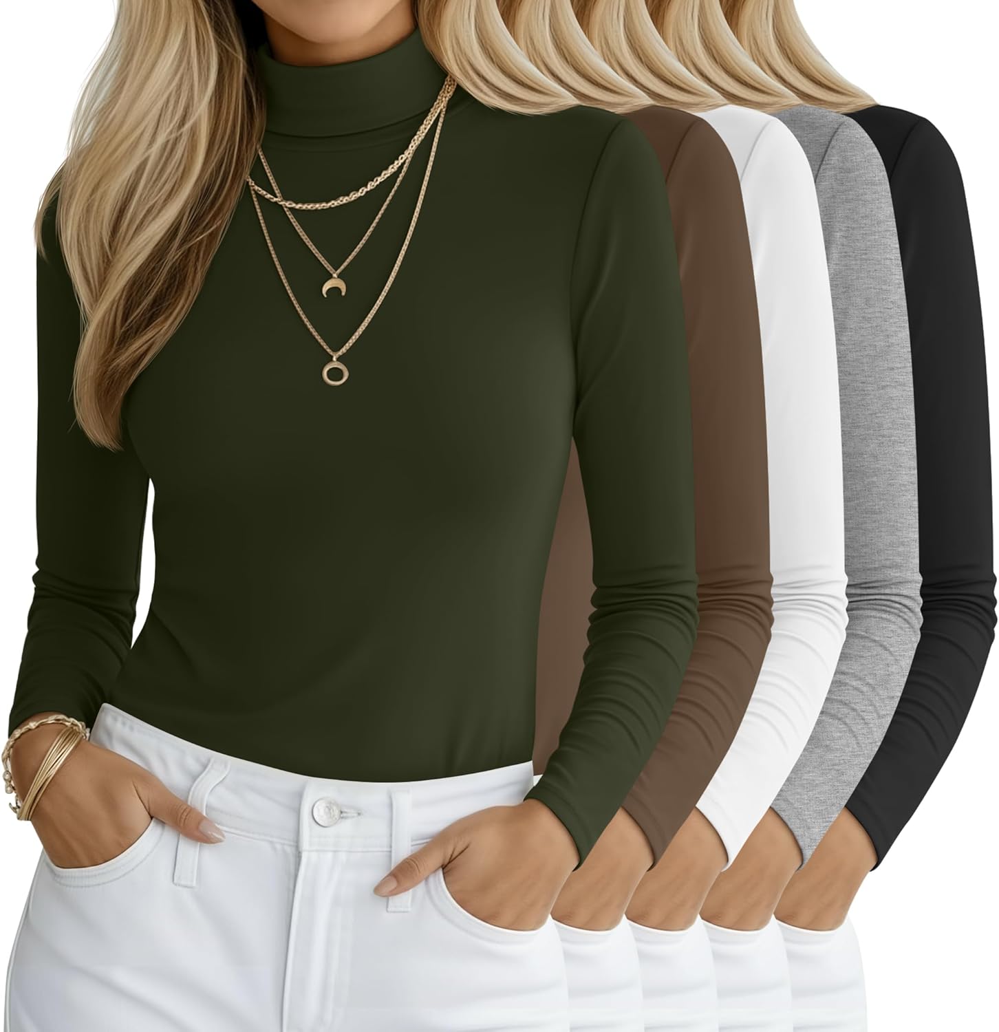 5 Pack Women's Turtleneck Tops, Long Sleeve Casual Shirt Slim Fit Base Layer Tees Stretch Fall Undershirts