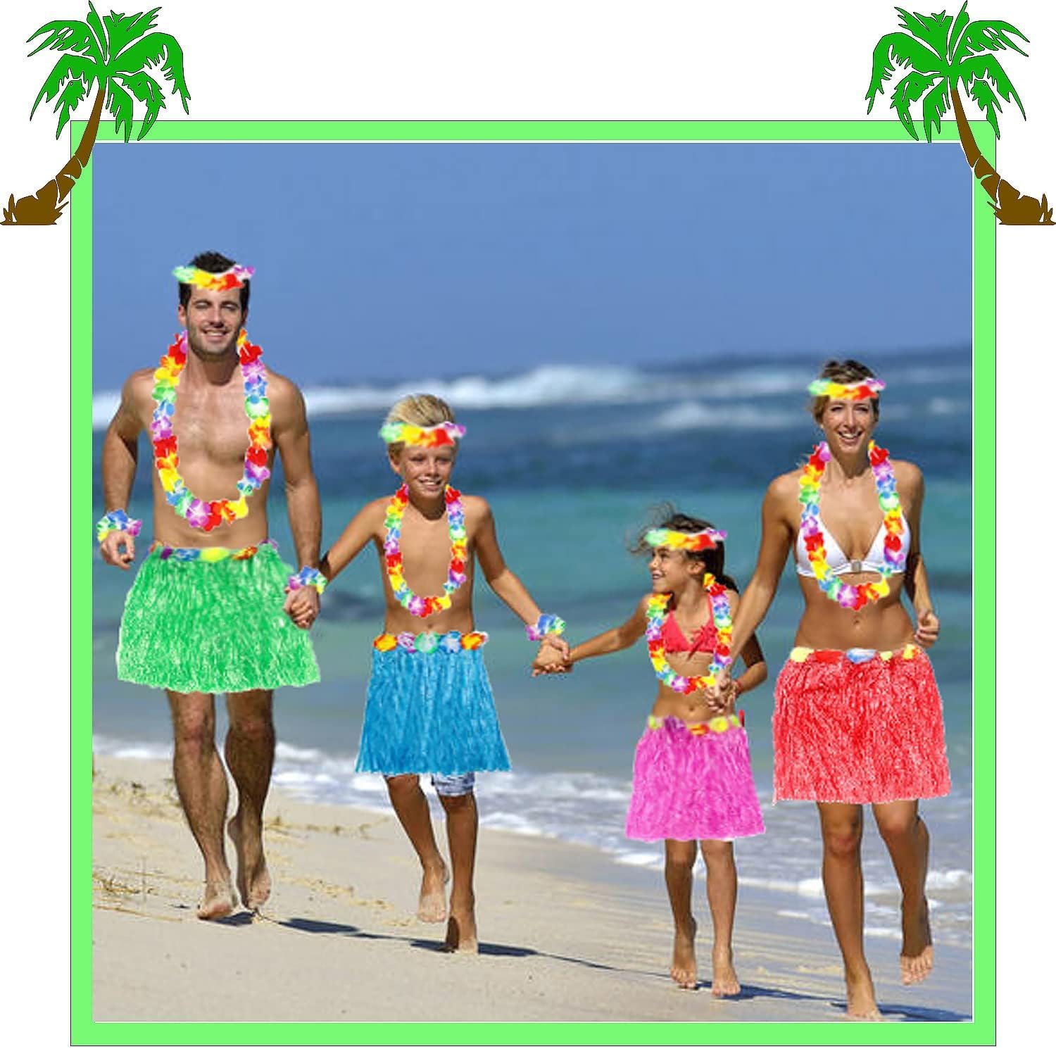 ONKULL 12 Set 60 Pcs Hawaiian Luau Hula Skirts Decorations, Grass Skirts, Hawaiian Bracelet & Necklace for Tropical Beach Party Holiday,Birthdays Party Decorations Favors Supplies Multicolor