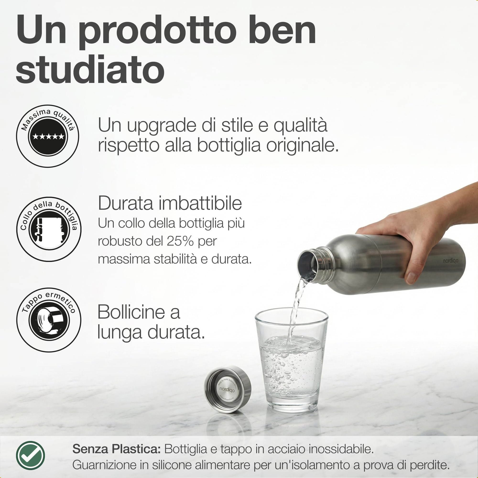Bottiglia Inox 1L | Compatibile con Aarke Carbonator 3, SodaStream Duo & Bottiglie Plastica | Non per Crystal & Jet | Senza scadenza | Senza plastica