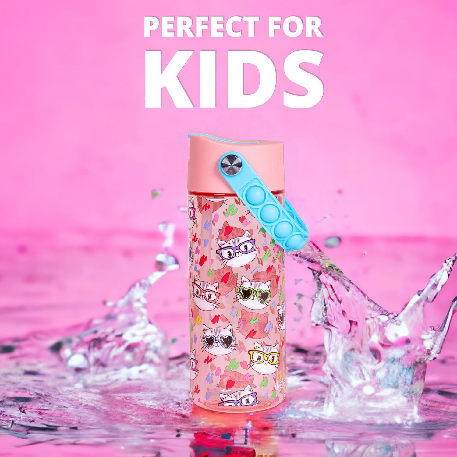 Elemental Water Bottles for Kids - Splash Kids Water Bottle for School with Pop-it Handle - BPA Free Tritan Plastic Water Bottle with Straw Leak Proof when Spout is Closed -Stylish Cat - 18oz - Image 5