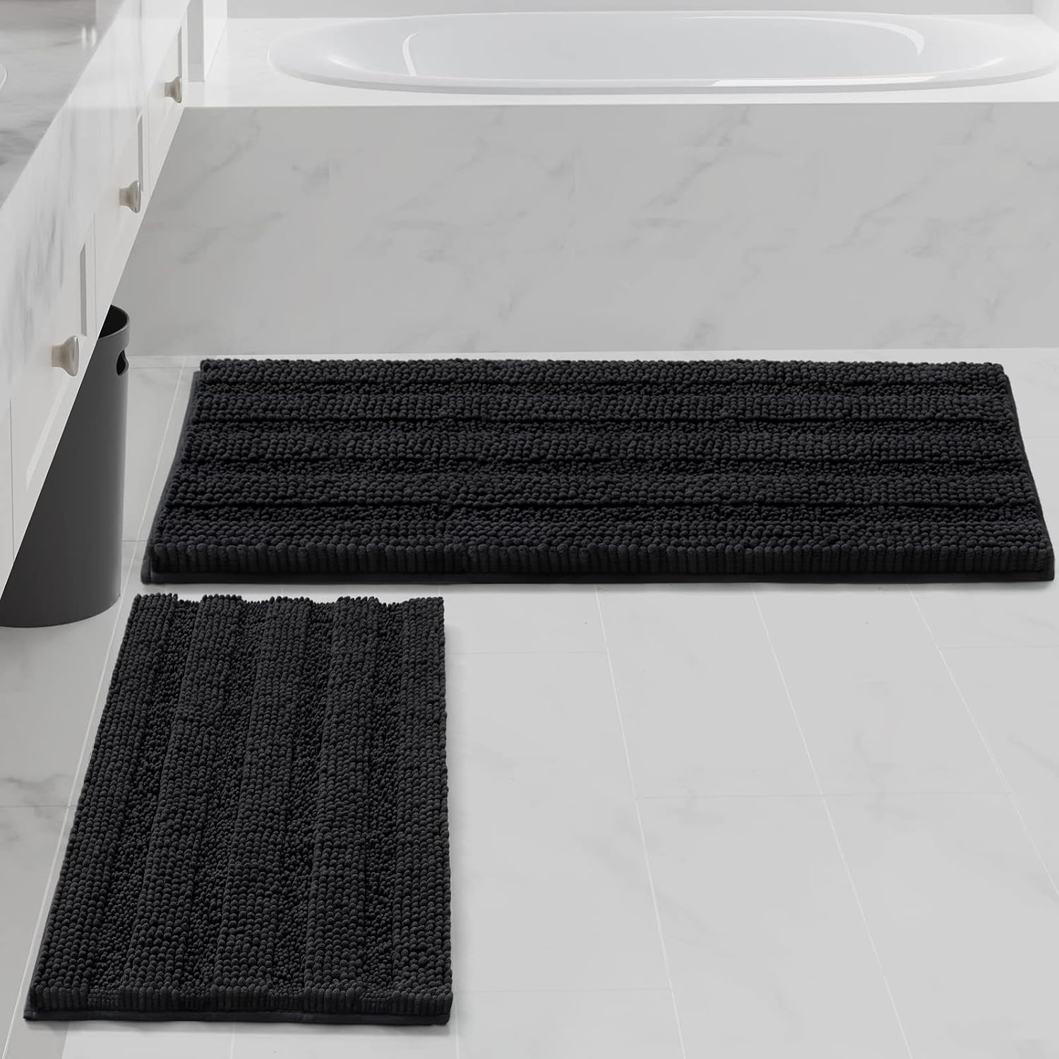 Ciicool Black Bathroom Rugs Sets 2 Piece Chenille Bathroom Mat Set Thick Shower Rug Super Absorbent Bath Mats for Bathroom Non-Slip Machine Washable Bath Rug Set for Shower, 47x17 Plus 17x24