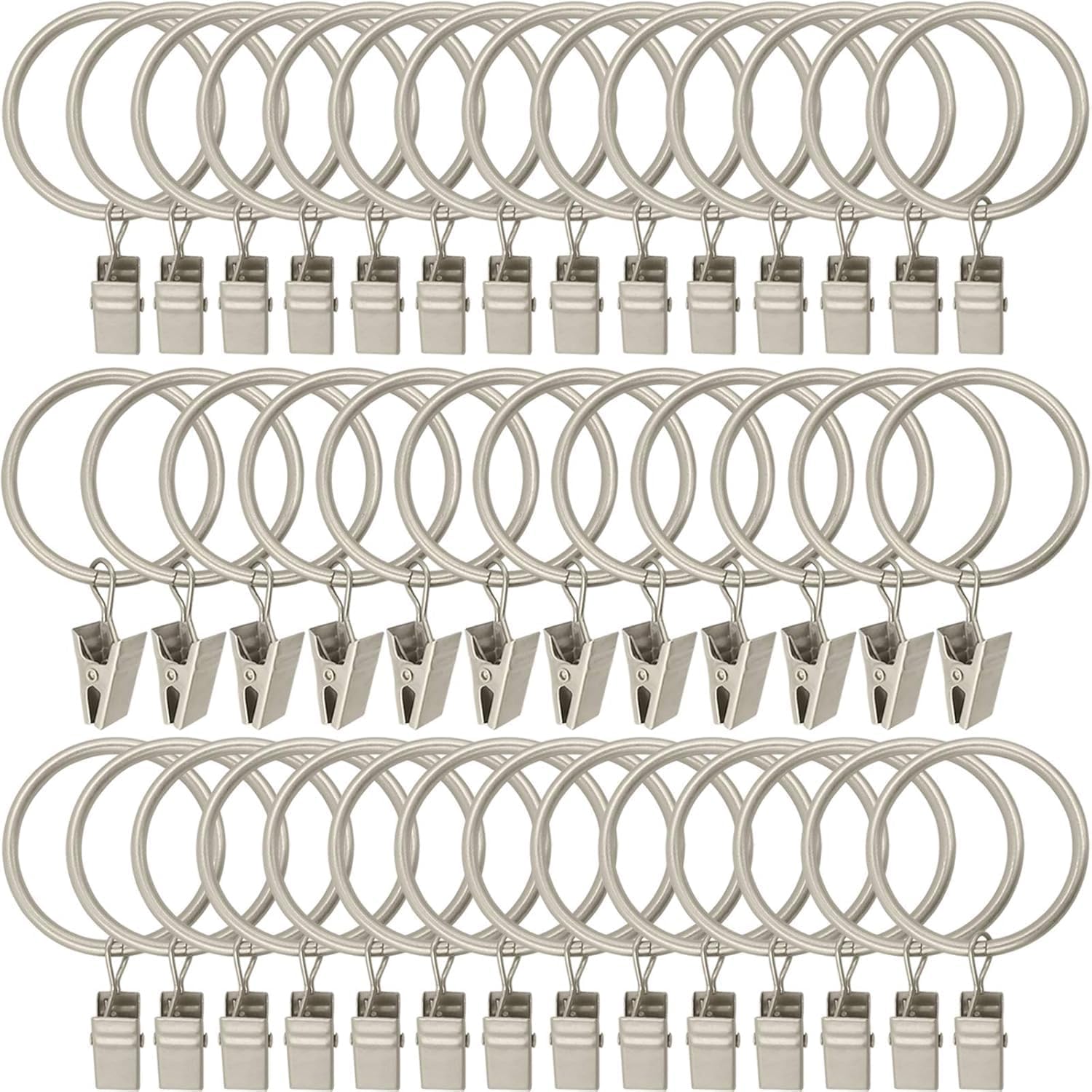Curtain Rings with Clips, Includes Curtain Rings, Curtain Clips Fits Up to 1 in Curtain Rod (100, Matte Silver, 1 inch)