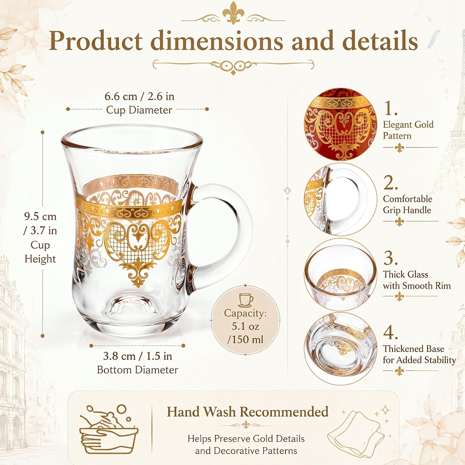 6 Pcs Turkish Tea Cups with Handles 5 Oz Slim Tulip Waist Tea Glasses Coffee Mugs Set with Thick Base for Hot Cold Drinks, Ottoman Housewarming Wedding Party Gifts (Gold Trim)