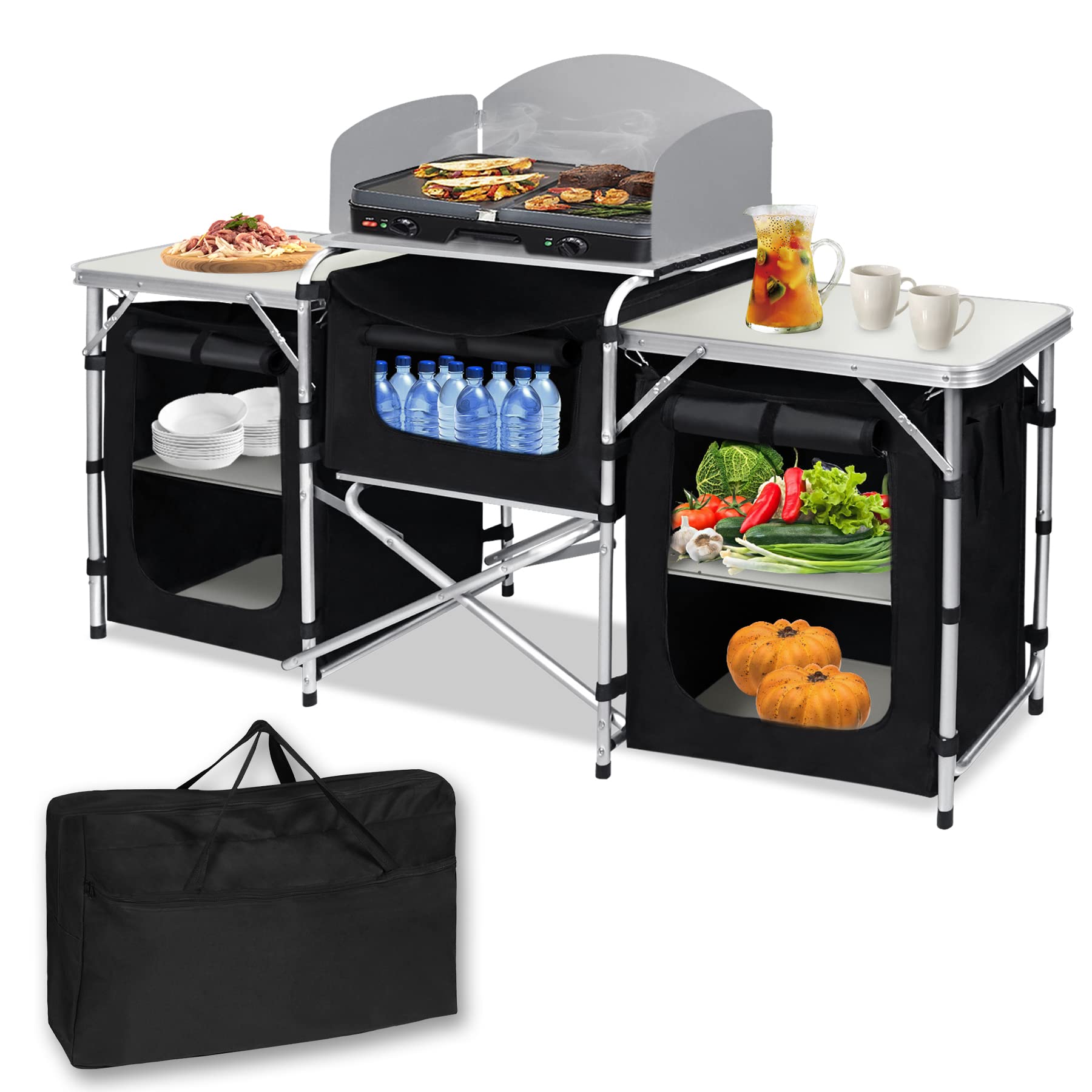 SUBTLETY Outdoor Camping Küche Set Faltbare Camping-Schränke inkl. 5mm MDF Platten & Tragetasche & Metallrahmen Mobile Zeltschrank für Picknicks Strandausflüge Grillabende