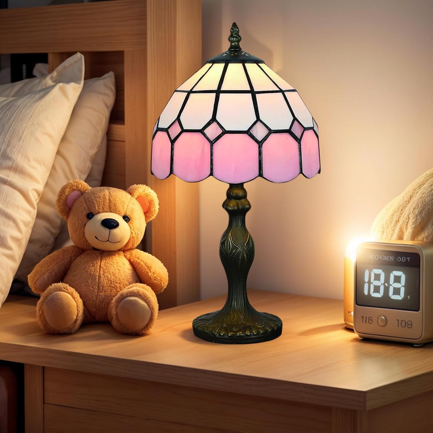 8 Inch Pink Tiffany Style Lamp – Handcrafted Stained Glass Table Light, Geometric Vintage Desk Lamp for Girl's Room, Office, Study, and Bedside Decor