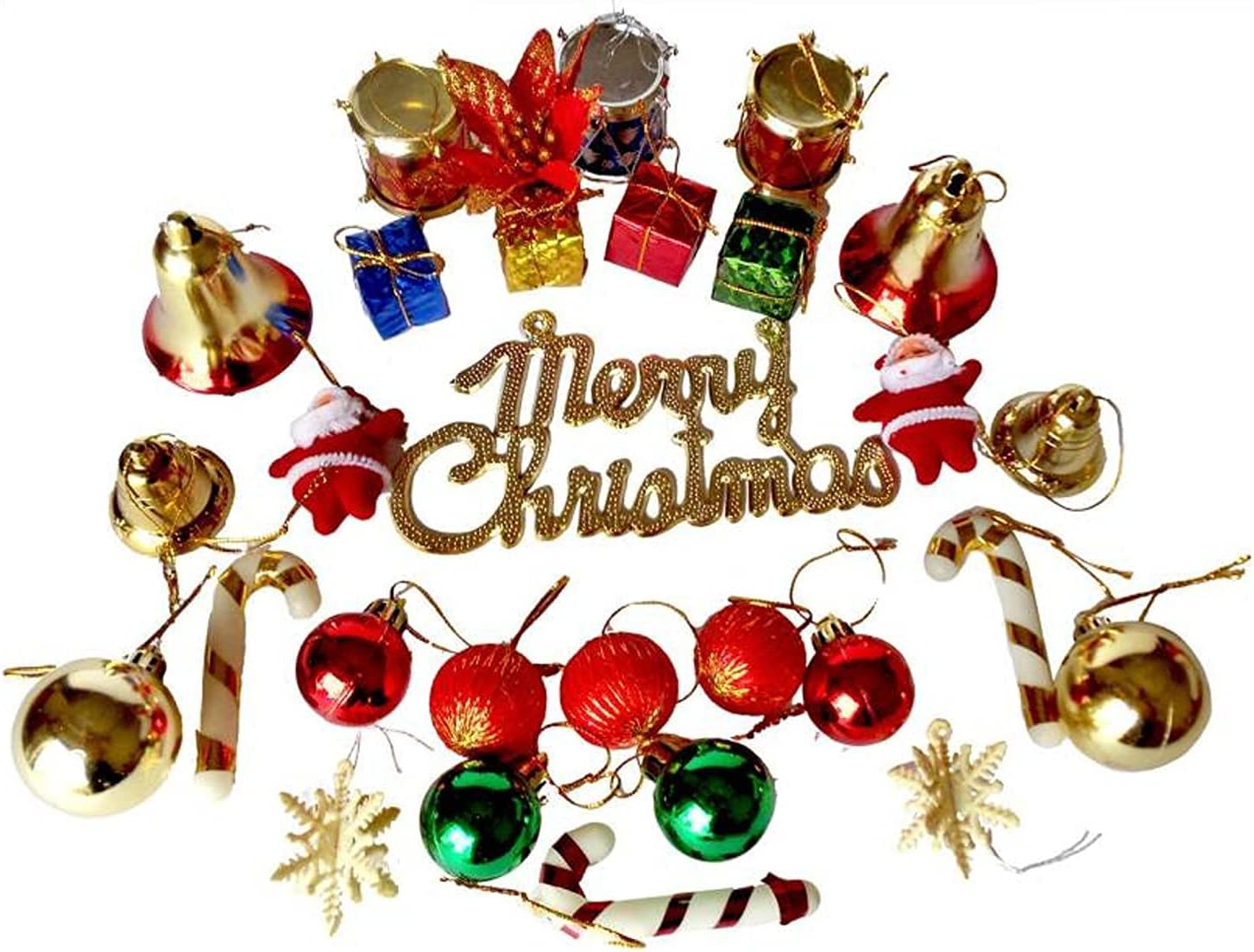 WebelKart Plastic Christmas Tree Decorations Set (Balls, Bells, Gifts, Pine Trees, Stars, Candy Sticks & Santa Claus) - 19 Multicolour Ornaments - Christmas Decorations