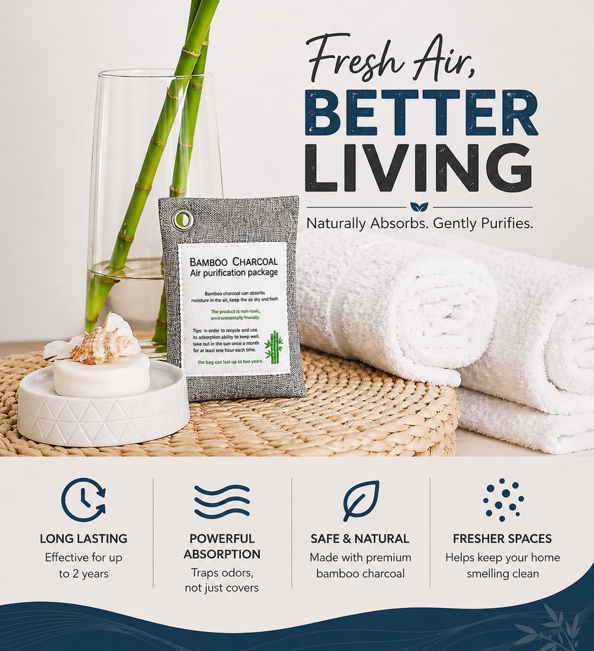 Natural Bamboo Charcoal Air Purifying Bags 200g Odor Absorber for Home Closet Car and Shoes Fragrance Free Moisture Eliminator Long Lasting Reusable Air Freshener