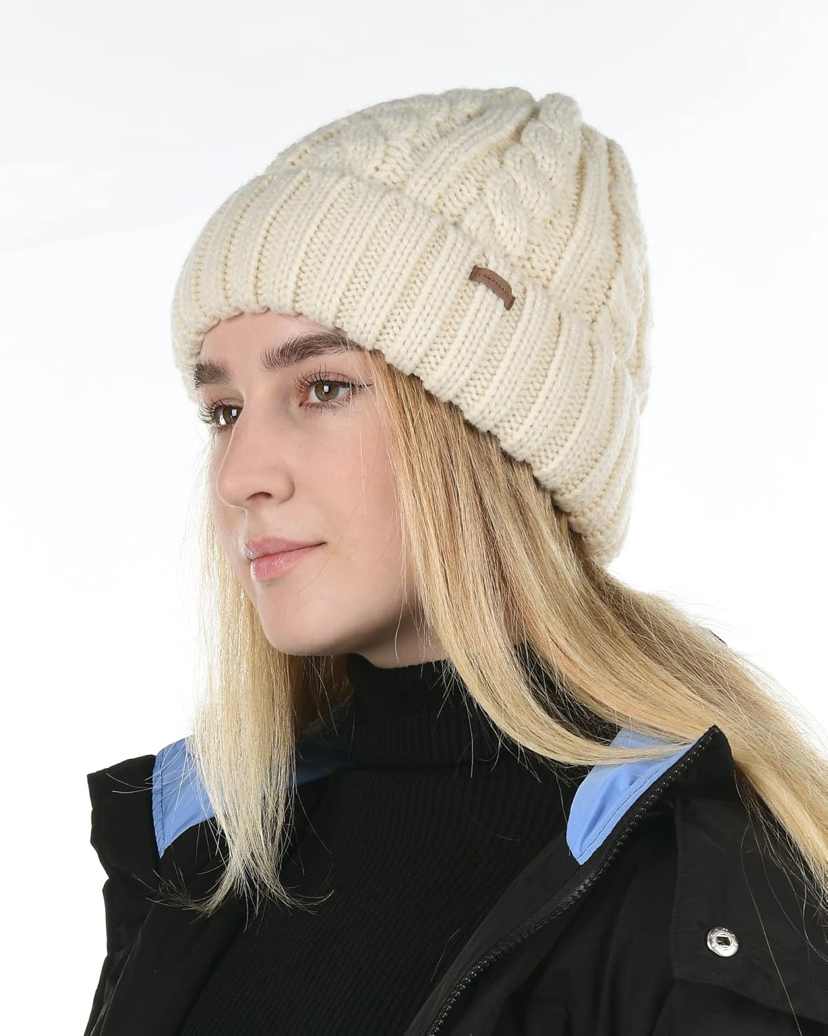 Miniatura 5 de Gorros de invierno de punto trenzado con forro polar para mujer gorro cálido para invierno nieve y esquí calavera