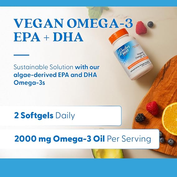 Doctor's BEST Vegan Omega-3 EPA + DHA from Algae - Vegan Plant Based Omega 3 Supplement for Women & Men, Supports Memory, Brain & Cardiovascular Health, Non GMO, Gluten Free - 60 Veggie Softgels