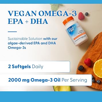 Doctor's BEST Vegan Omega-3 EPA + DHA from Algae - Vegan Plant Based Omega 3 Supplement for Women & Men, Supports Memory, Brain & Cardiovascular Health, Non GMO, Gluten Free - 60 Veggie Softgels