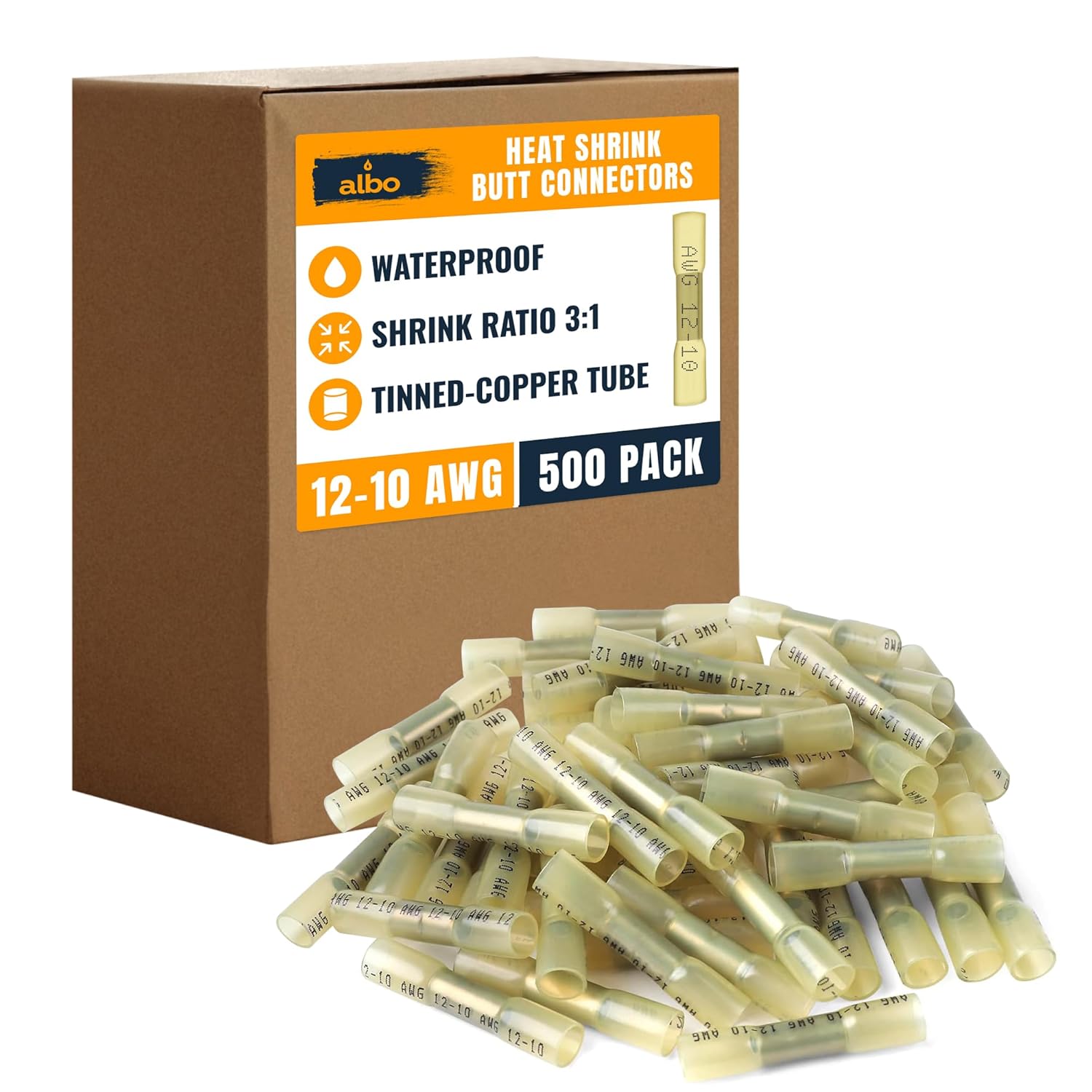 ALBO 500PCS 12-10 AWG Heat Shrink Butt Connectors - Tinned Copper 1mm - Marine Grade Insulated Crimp Wire Connectors - Waterproof Electrical Connectors - Butt Splice for Auto, Marine, Boat, Stereo