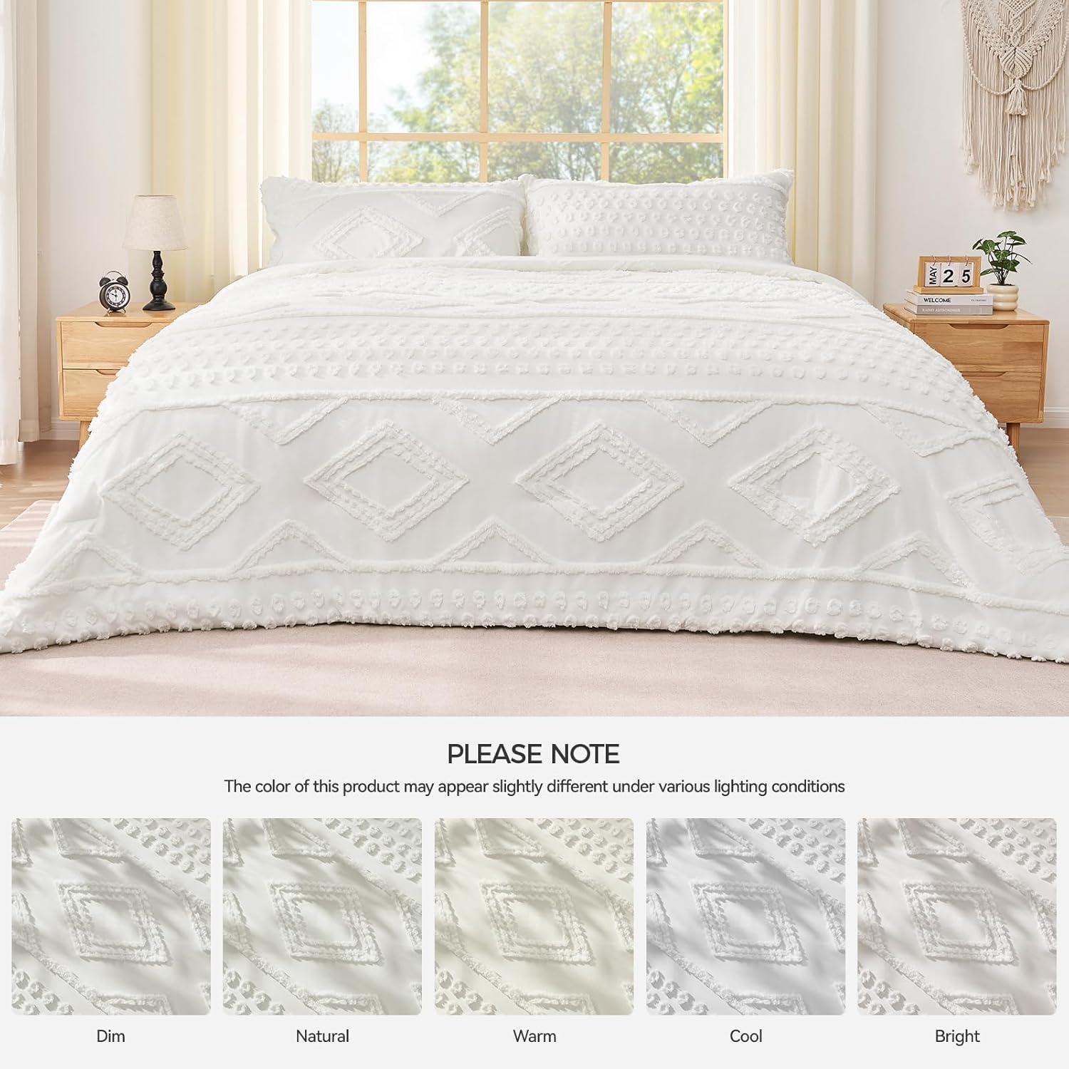 Boho Queen Comforter Set White with Sheets, 3 Pieces Tufted Queen Comforter Sets Boho Bedding Cream Soft Warm Neutral Comforter Sets for All Seasons