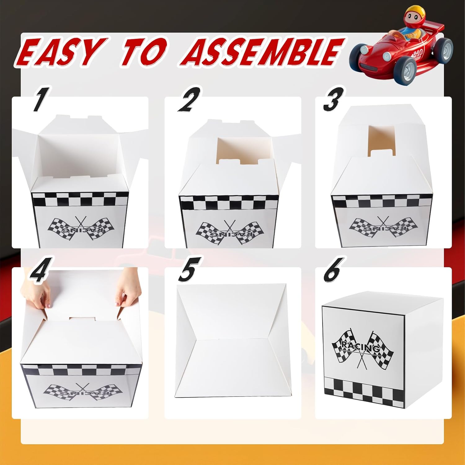 Zhanmai 4 Pcs Large Racing Car Party Boxes 11.8 x 11.8 Inch Goodie Checkered Boxes for Birthday Decor Truck Theme Race Car Podium Centerpiece Decorations Cardboard Party Favors(White)