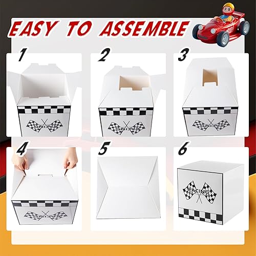 Miniatura 4 de Zhanmai 4 cajas grandes de fiesta de autos de carreras de 11.8 x 11.8 pulgadas, cajas a cuadros para decoración de cumpleaños, camión, temática de