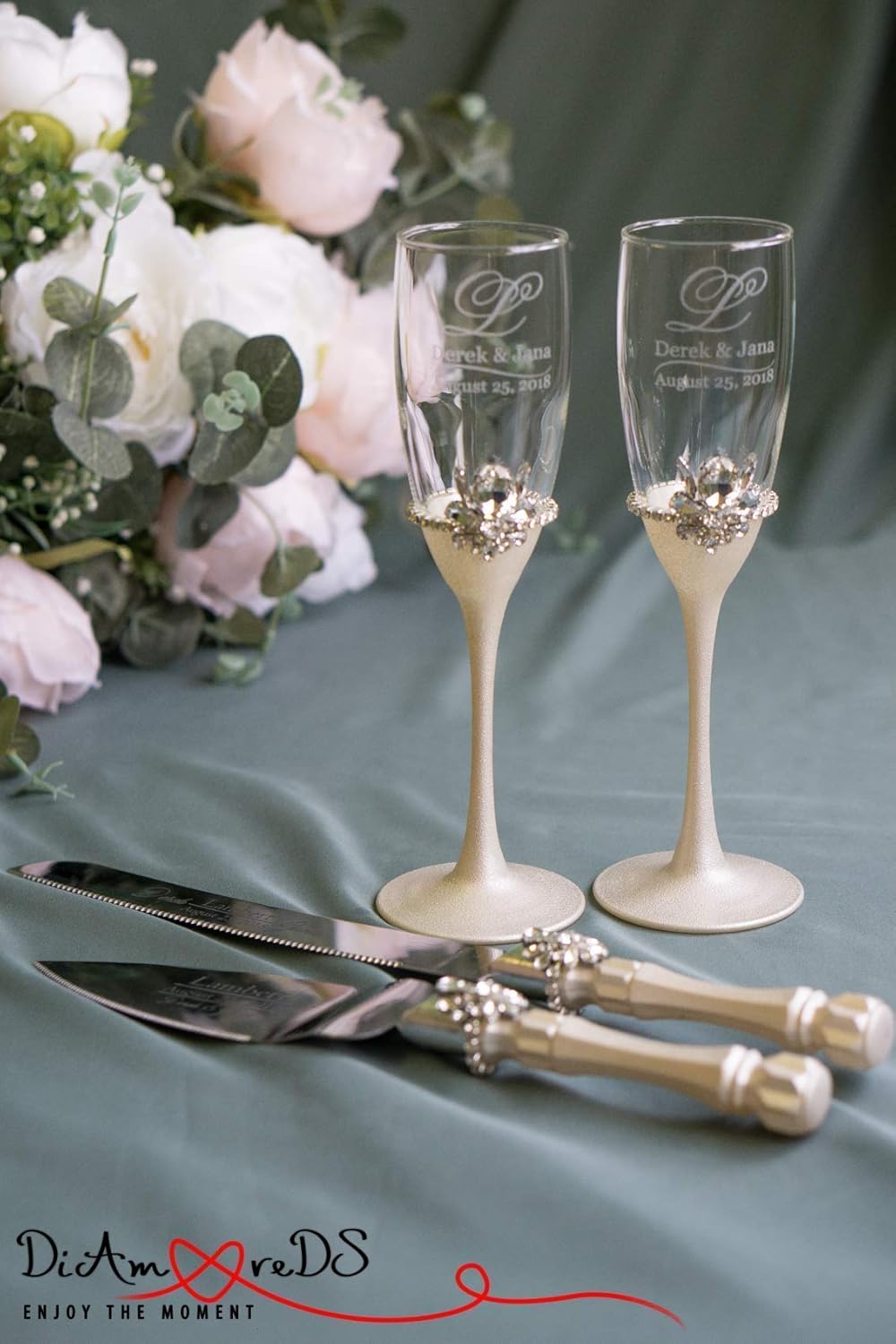 Ivory wedding flutes and cake server set with bling