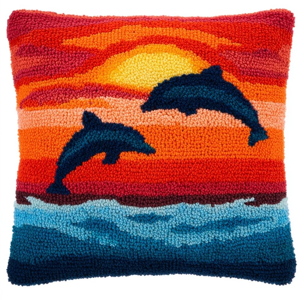 kitphoenix Latch Hook Kit for Adults, Pillow Case Kits, Sunset Dolphin DIY Latch Hook Cushion Kits 17X17Inch, Cross Stitch Embroidery Kits Home Decor