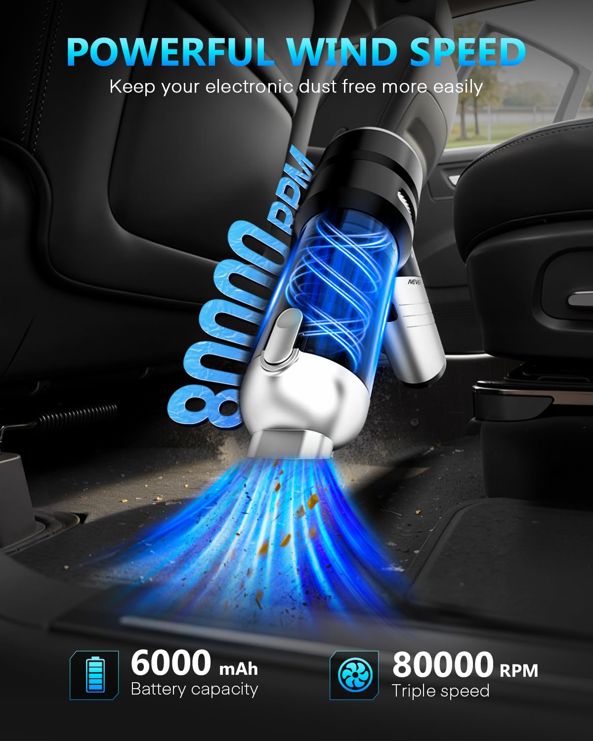 NEVERLAND Aspirapolvere portatile senza fili per auto, 15000PA, ad alta potenza, 4 in 1, portatile, pieghevole, piccolo kit di dettagli, ricaricabile, per auto, casa, ufficio