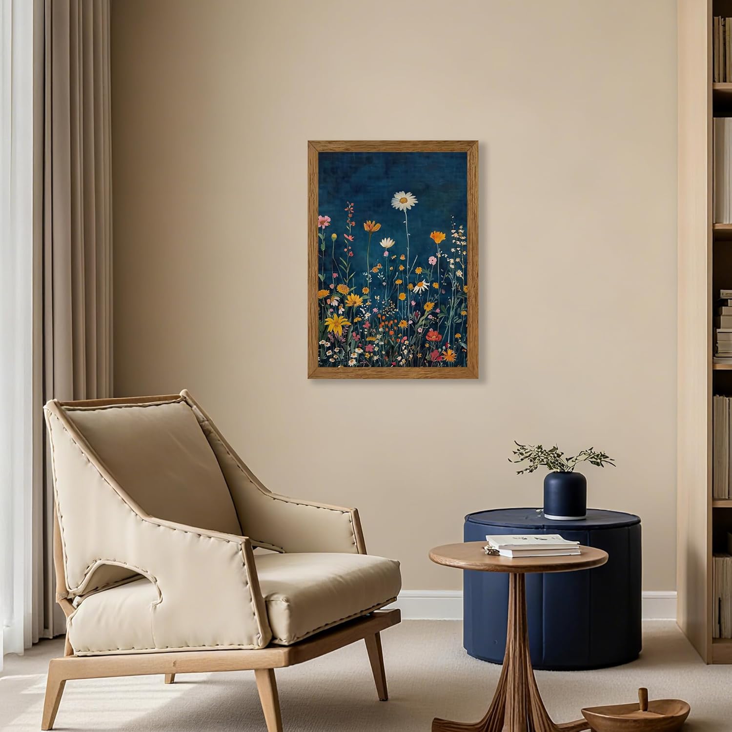 Wojuin Framed Dark Blue Botanical Floral Canvas Wall Art, Rustic Colorful Wildflower Artwork Wall Decor, Vibrant Vintage Flower Painting Prints for Living Room Bedroom Bathroom Office 16x24 in