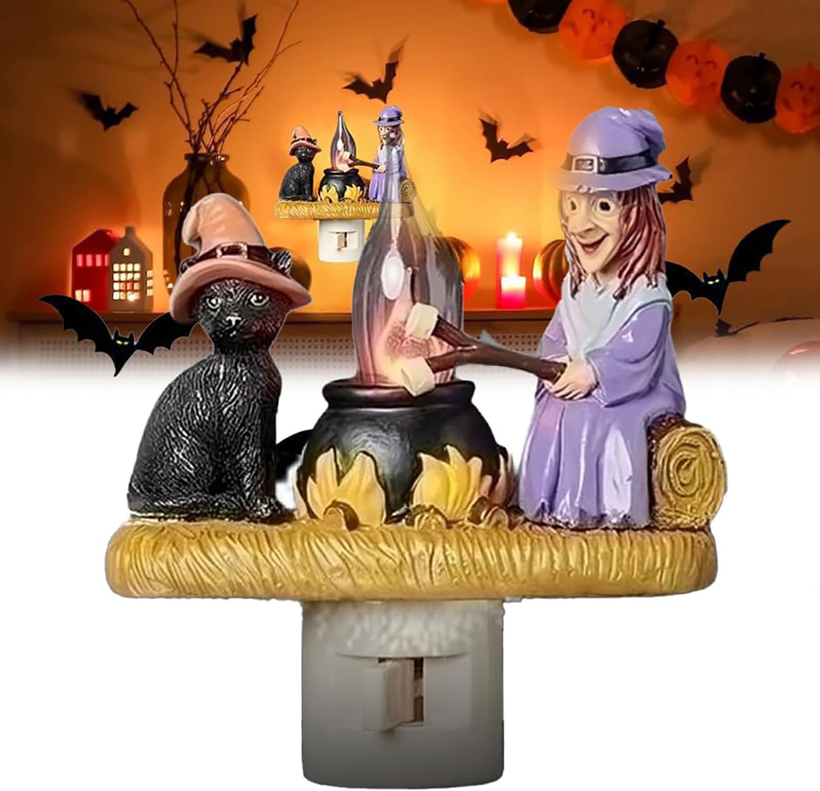 Cat and Witch Campfire Flickering Night Light Campfire Flicker Flame Halloween Nightlight 3D Spooky Fire Marshmallow Lamp 3D LED Small Electric Faux Campfire Night Light Gifts for Halloween Christmas
