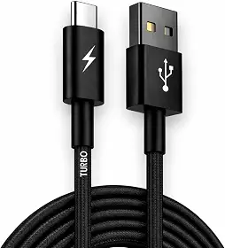 Cabo USB para USB-C 1 Metro Turbo Carregamento Rápido — Nylon Trançado Reforçado Compatível iPhone 15/16 Samsung Galaxy Xiaomi MacBook Notebook Tablet — Preto