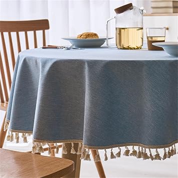 Dimatic Linen Textured Round Tablecloth with Tassel - Waterproof Spill Proof Table Cover for Kitchen Dining Tabletop Decoration, Light Blue, Round - 48 inch