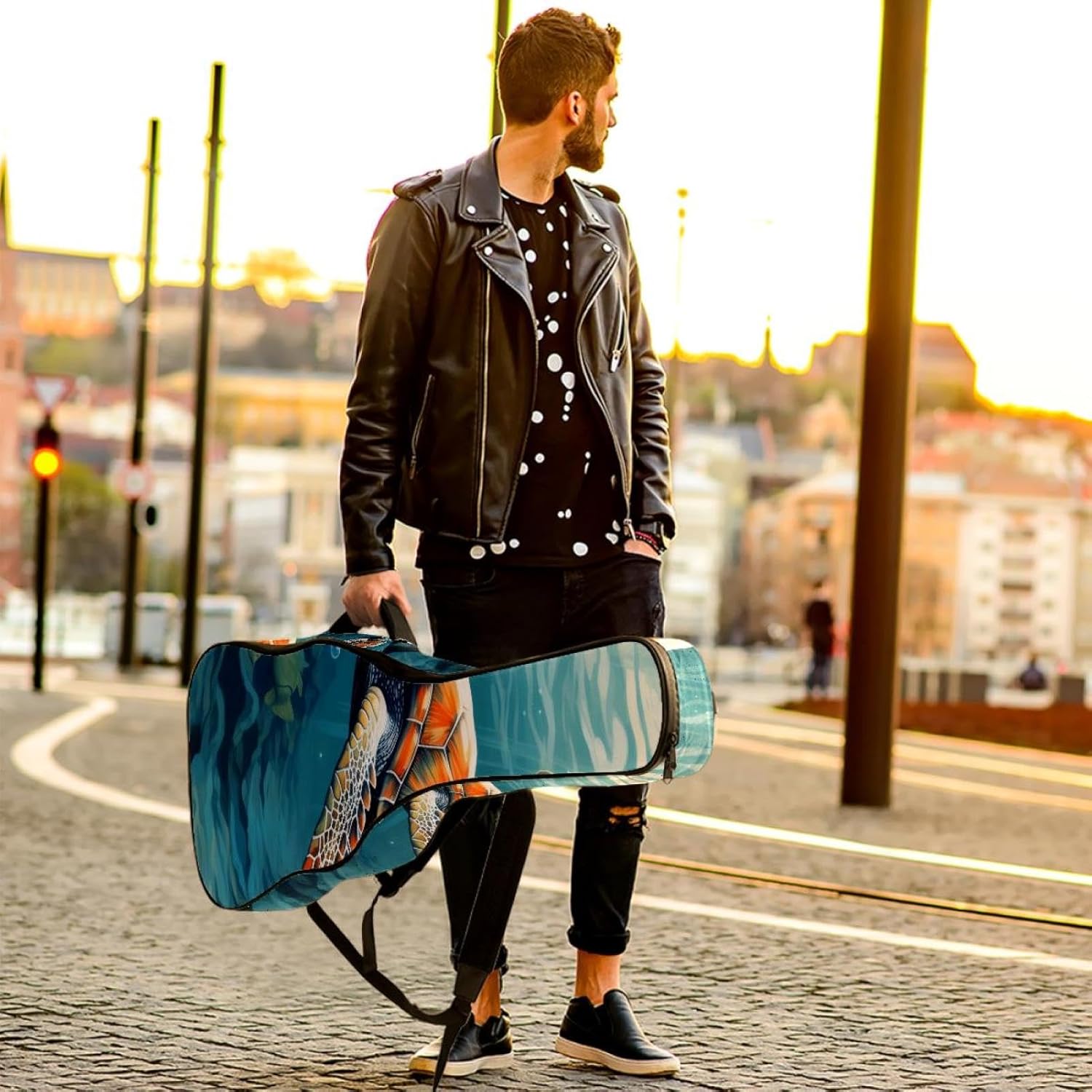 Acoustic Guitar Gig Bag 1 cm Thick Padding, Waterproof Electric Guitar Bag 40-42 Inch Guitar Case Backpack with Dual Shoulder Strap, Ocean Sea Turtle