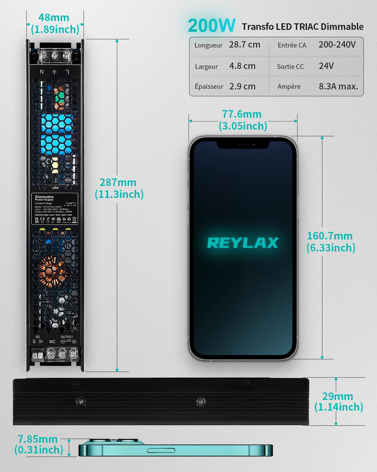 REYLAX Transformateur LED 24V 200W 8.3A Dimmable 0/1-10V TRIAC Gradable Bloc Alimentation Tension Constante Driver LED