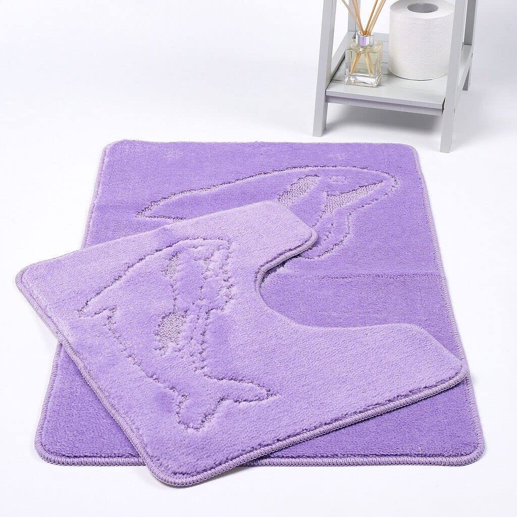 Night zone 2 Piece Bath Mat Set Pedestal Non Slip Dolphin Bathroom Toilet Rug Absorbent (Lilac)
