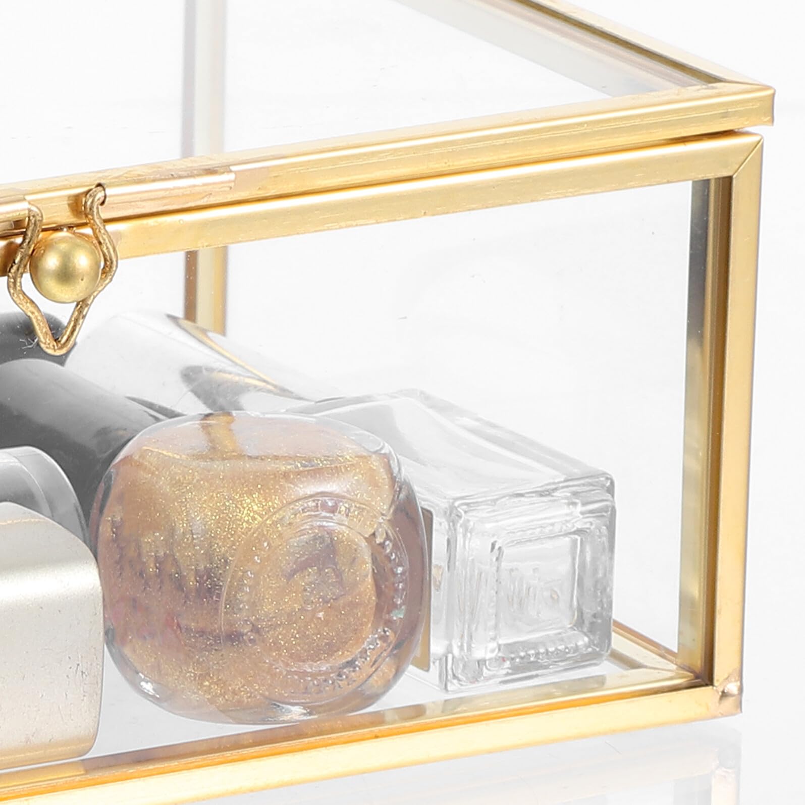 Boîte à Bijoux Verre Transparent avec Cadre Doré Boîte à Souvenirs Décorative et Organisateur pour Bijoux, Fragrances et Maquillage Structure Anti-poussière Rangement Élégant pour