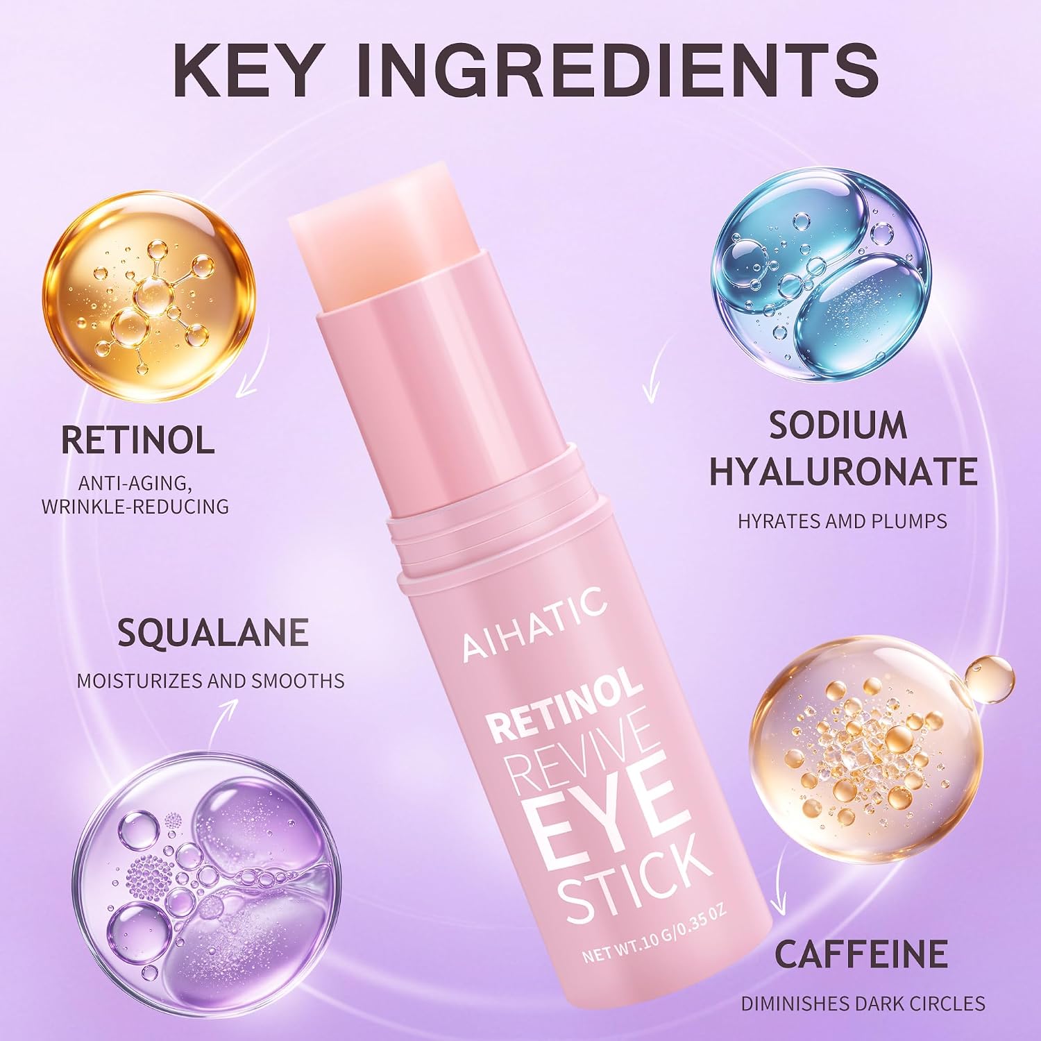 Retinol Eye Cream Balm Stick, Under Eye Cream with Caffeine & Hyaluronic Acid, Hydrates & Smooths for Fine Lines, Puffiness & Dark Circles, Moisturizing Eye Treatment, 0.35 oz/10g