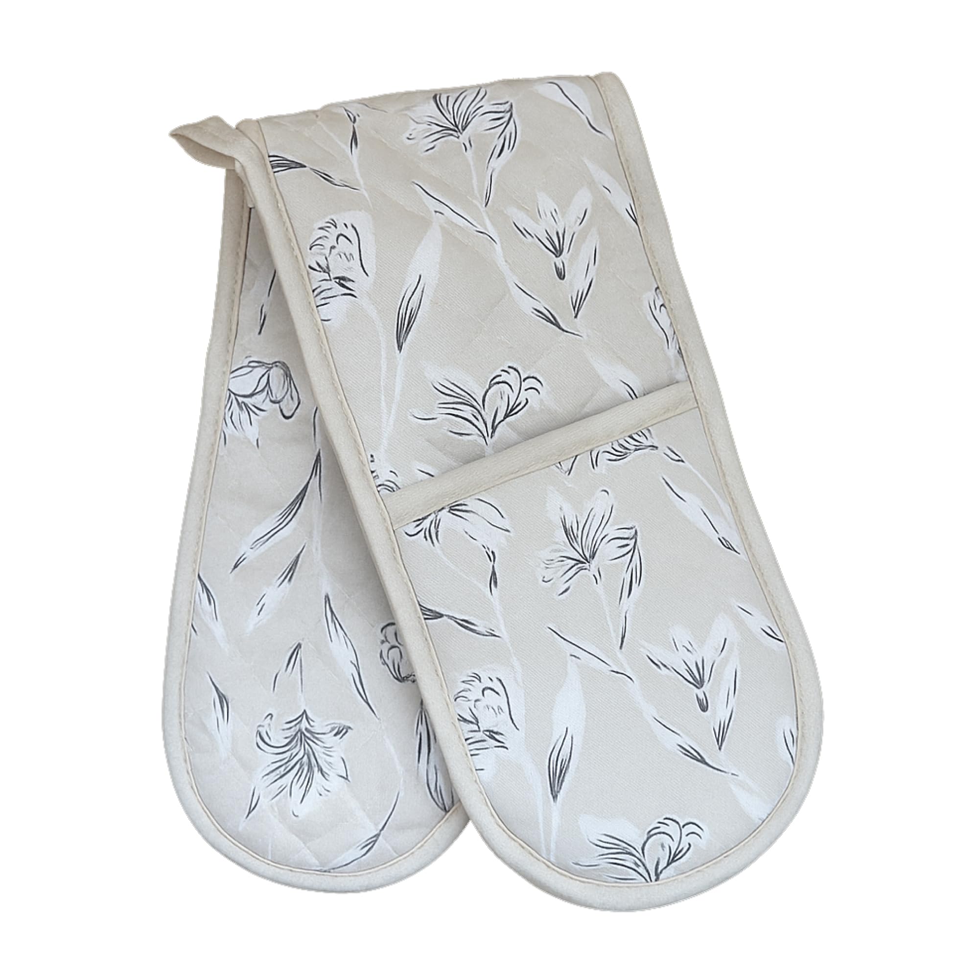 BlissLo Cotton Double Oven Gloves Heat Resistant, Machine Washable Oven Gloves Double Protects Hands, Attached Oven Mitts Durable, Heat Proof Pot Holders for Kitchen with Hanging Loop - Cream Floral