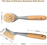 Vista 6 de 2 paquetes de cepillos de cocina con mango de bambú, limpiador de platos con raspador incorporado, cepillo de limpieza para sartenes, ollas