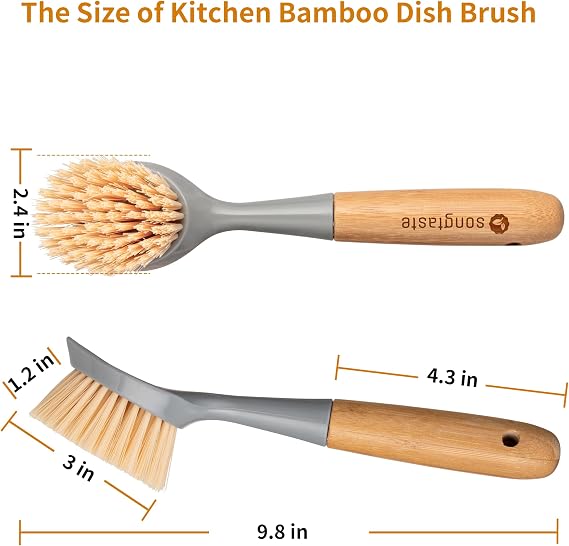 2 Pack Kitchen Dish Brush Bamboo Handle Dish Scrubber Built-in Scraper