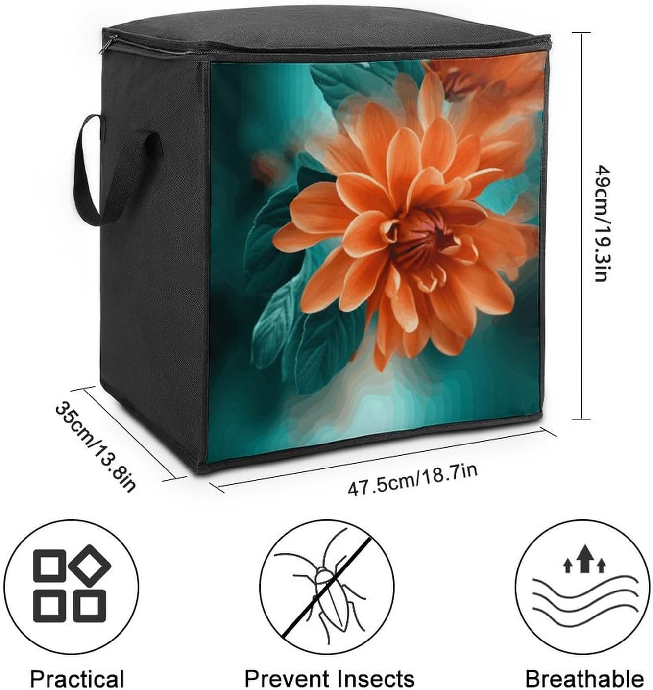 Teal And Orange Flower Storage Bag with Zippers And Handle Extra Large Bedding Comforter Storage Bag Foldable Blanket Storage Bags Fabric Moving Bags for Closet Organizer (70L)