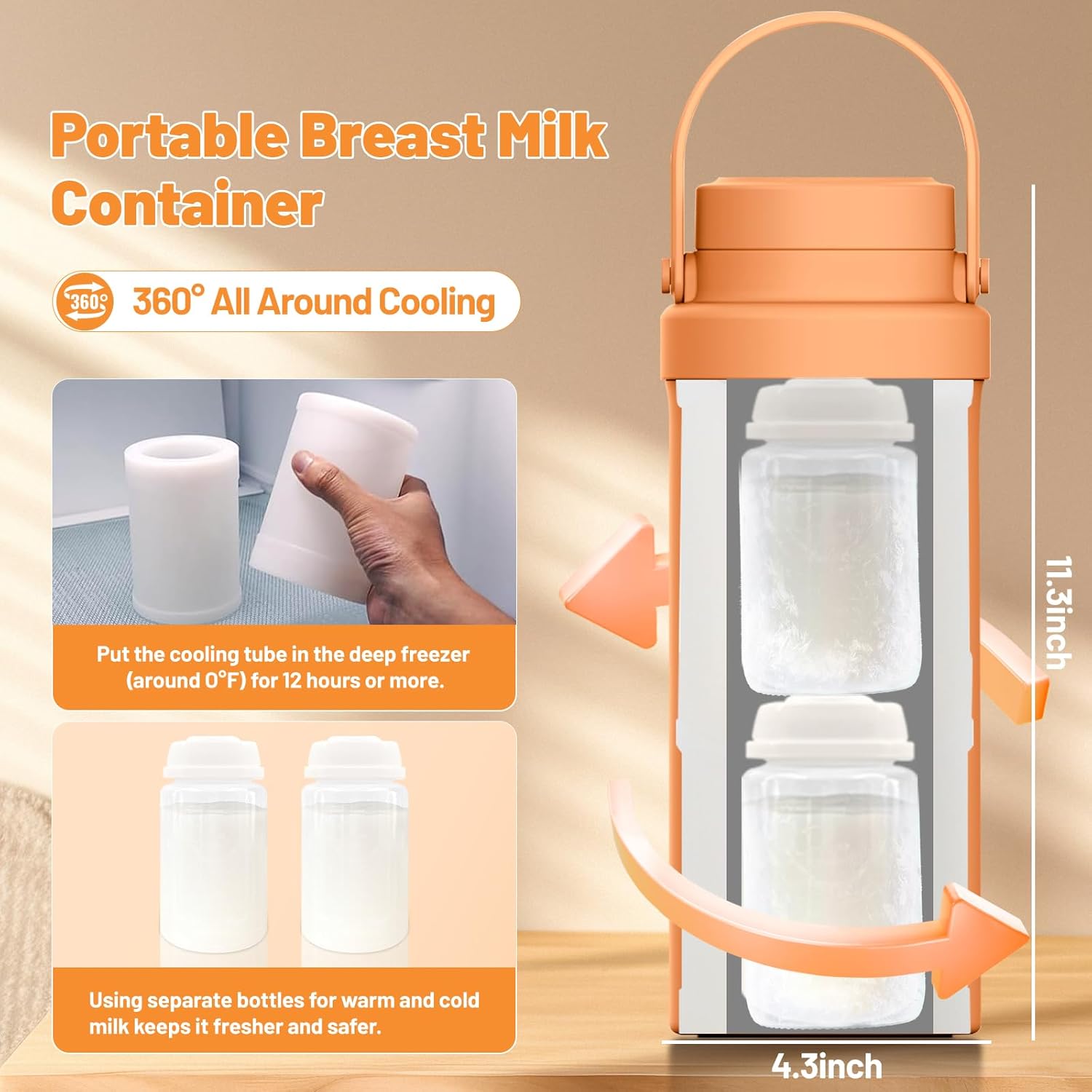 Portable Breast Milk Cooler, 360° Vacuum Insulated Cup with 2×300ml Inner Bottles, SUS316 Stainless Steel Long Lasting Cold Storage, Leak-Proof Milk Keeper for Working Moms Outdoor Travel