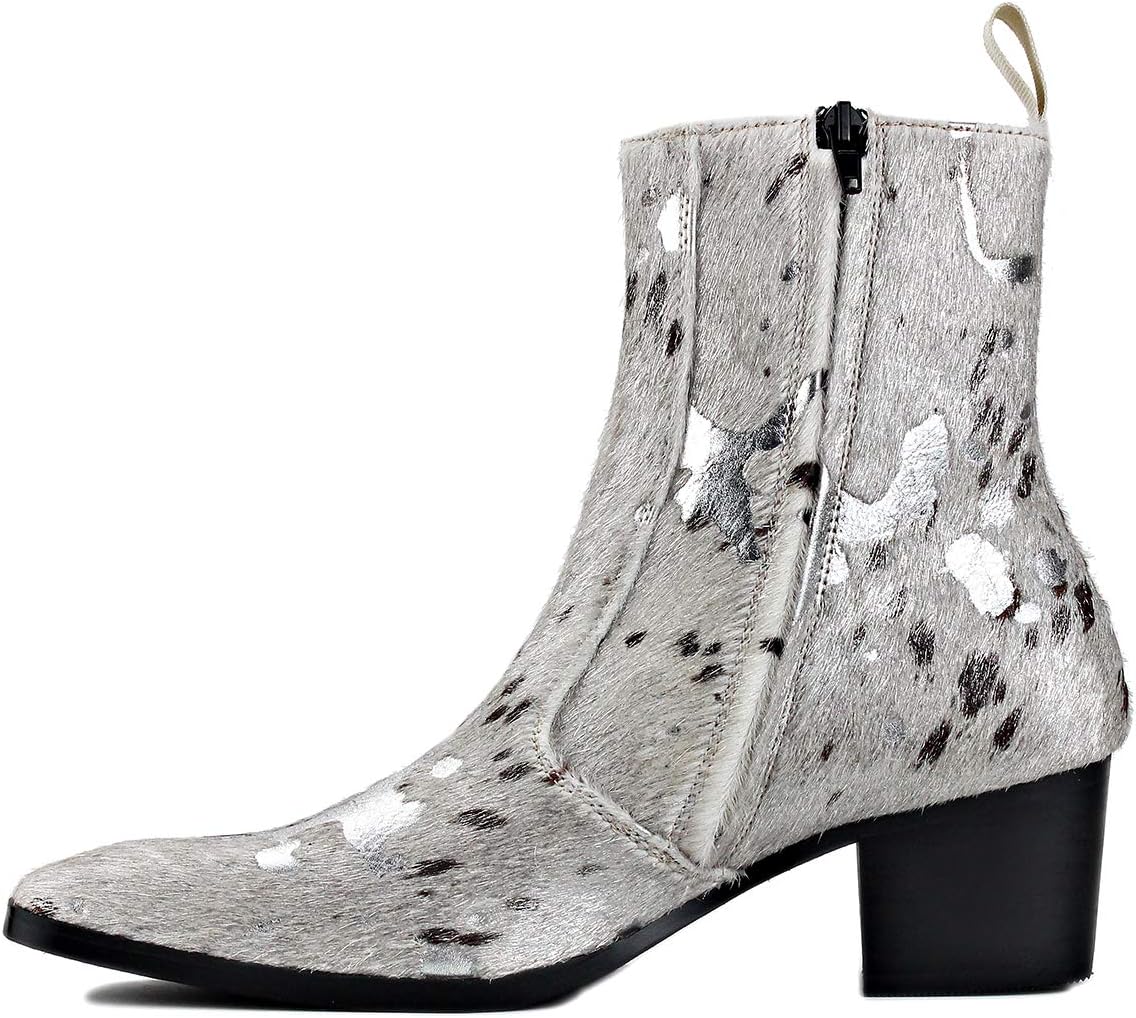 OSSTONE Men Chelsea Ankle Boots Leather Pony Hair Leopard Boot with Side Zipper Heel Boots JY012 - Image 4