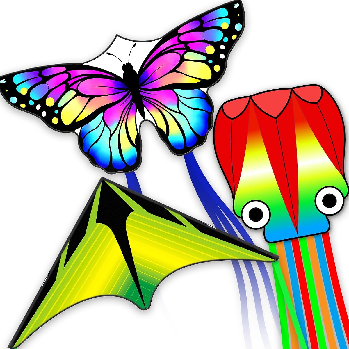 Cometas para niños y adultos, cometa grande para principiantes, cometas para niños de 4 a 8 años, actividades al aire libre con mango completo, cuerda de cometa de 328 pies y accesorios (pastizal L, mariposa HG, pulpo QC, 3)
