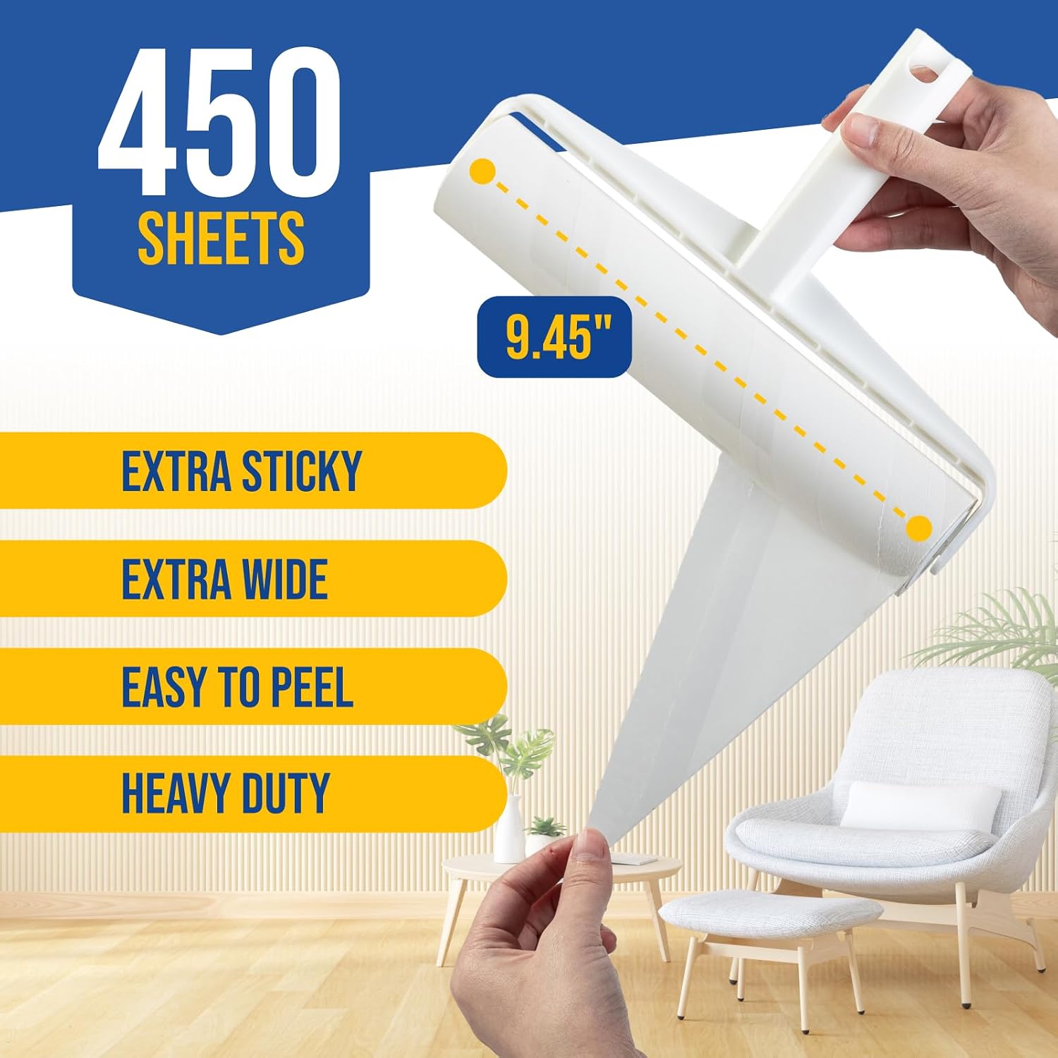 Large Lint Roller with Long Handle – 9.45" Heavy Duty Giant Lint Rollers for Pet Hair – Sticky Roller with Extendable Handle and Refills for Floor, Furniture, Couch, Carpet